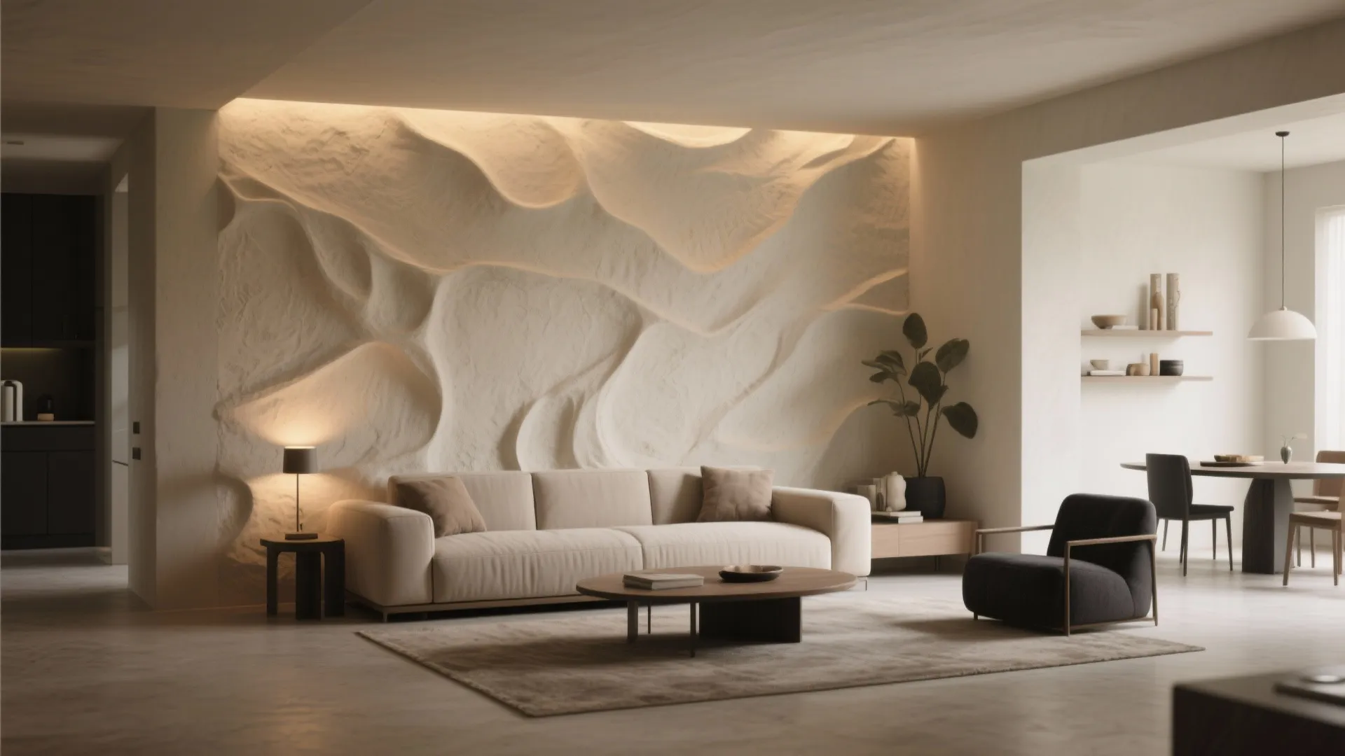 Modern living room with beige sofa wavy wall panel round coffee table and dining room area