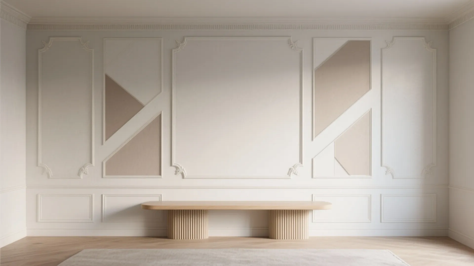 Minimalist room featuring decorative wall panel designs with brown geometric shapes and one wooden bench