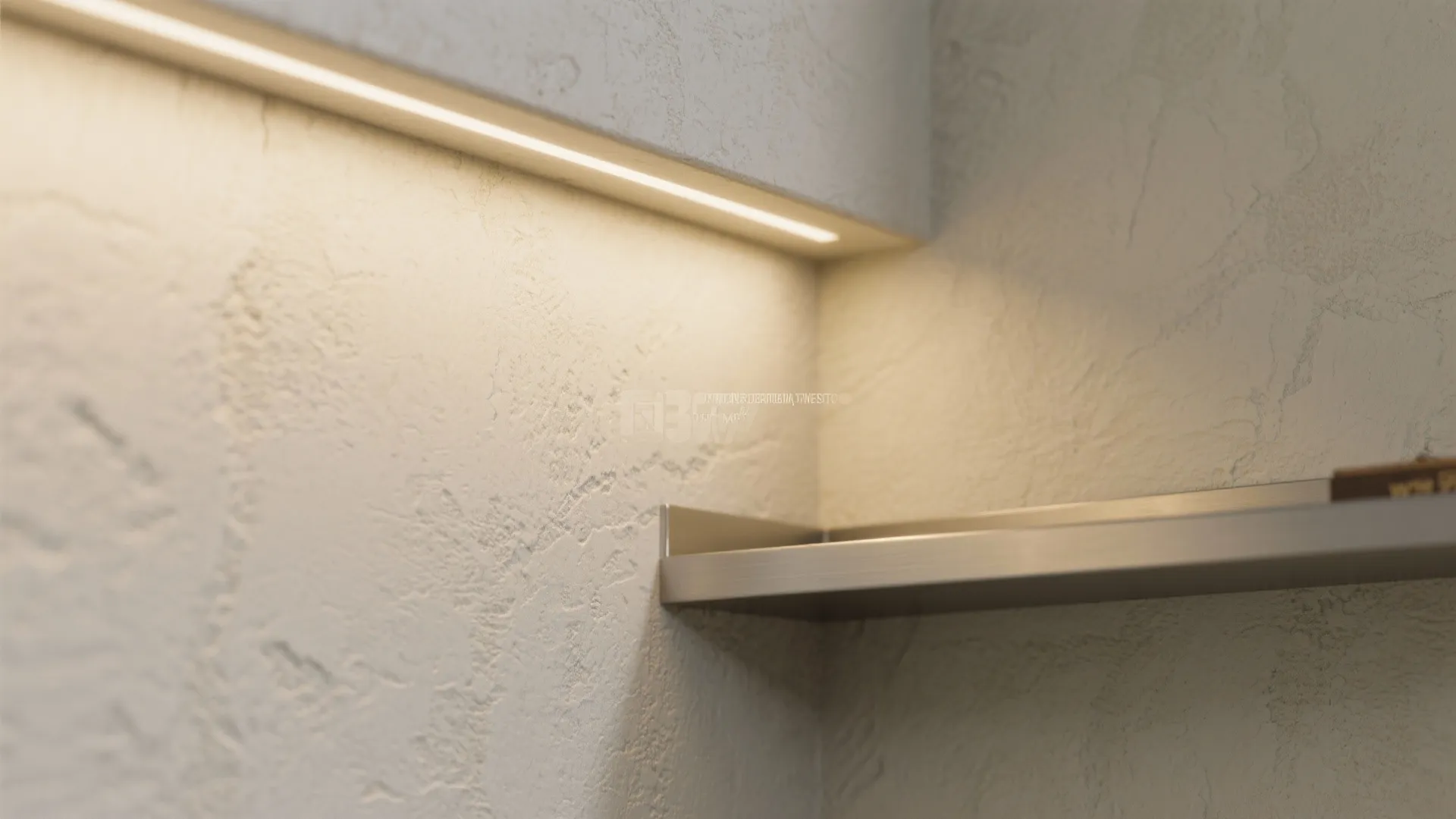 Close up of wall light shining on textured wall panel with a small metal shelf