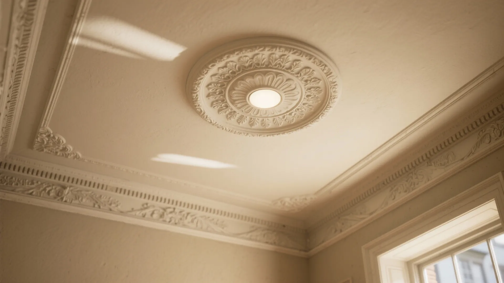 Classic white ceiling with round decorative pattern around a small light fixture near a window