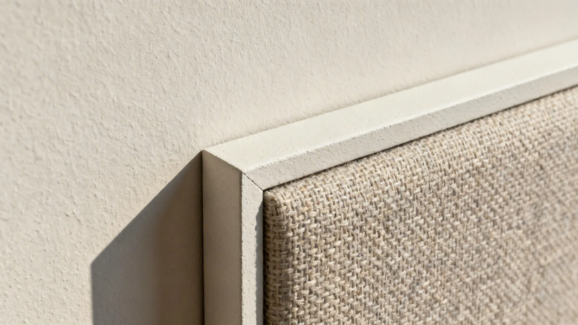 Macro of plaster panel shadow gap and fabric acoustic insert with smooth low-sheen finish.