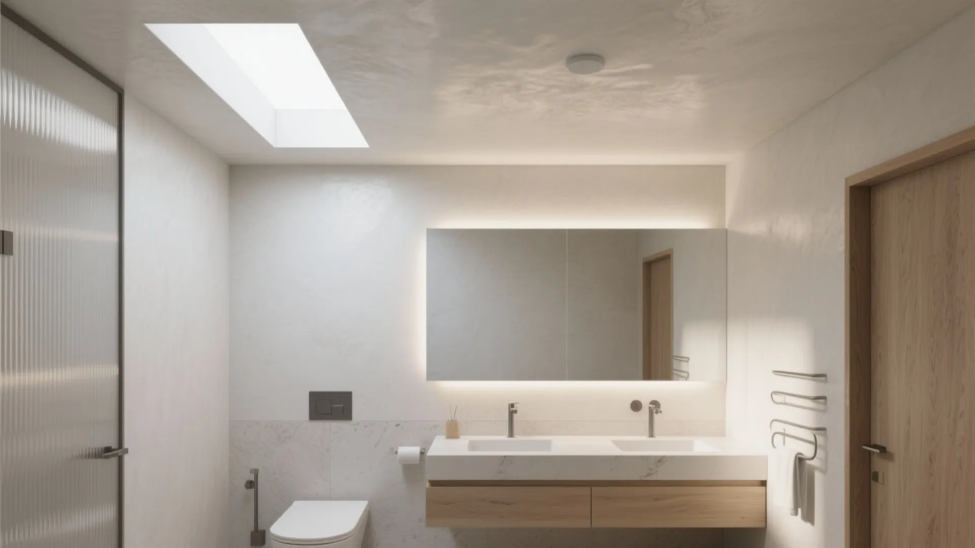 Bright bathroom interior featuring a roof window, double sink, wooden cabinet, and large lighted mirror