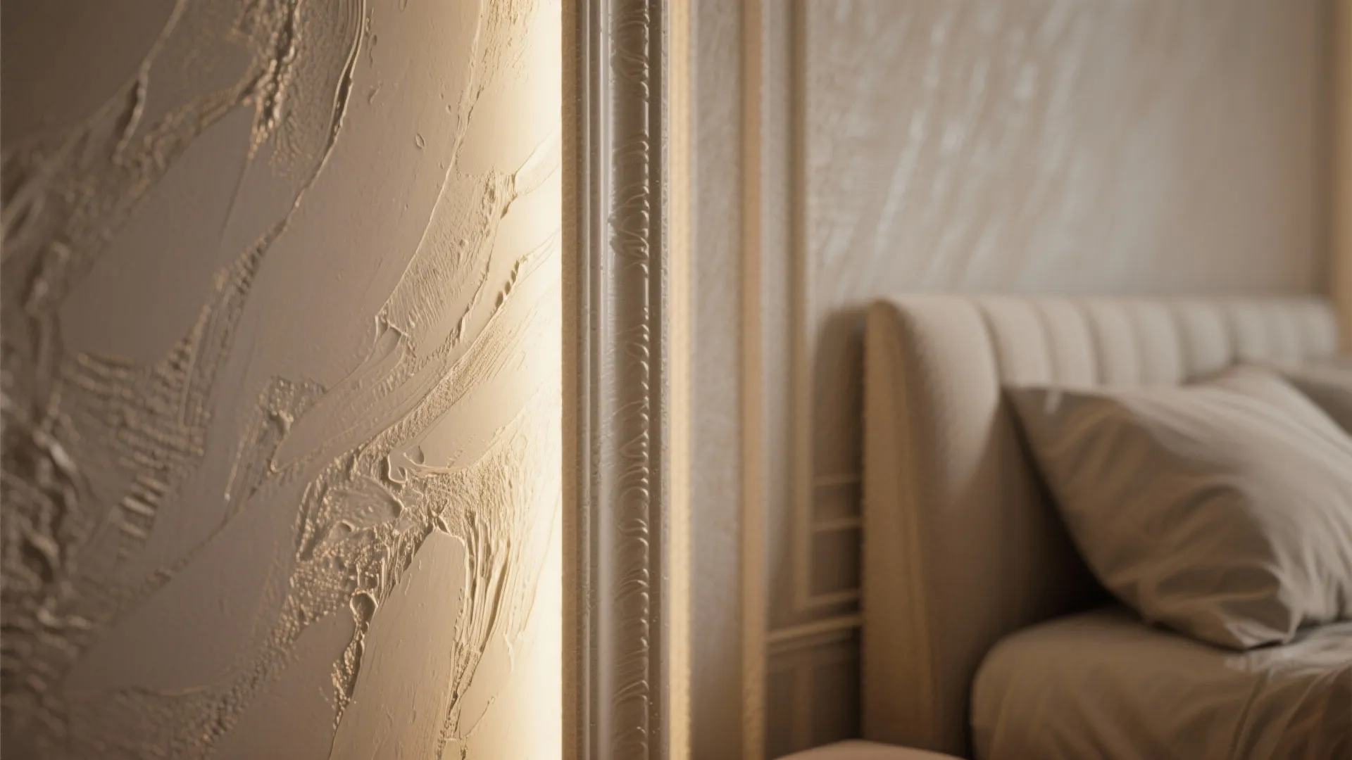 2. Textured Plaster Strip Behind the Bed