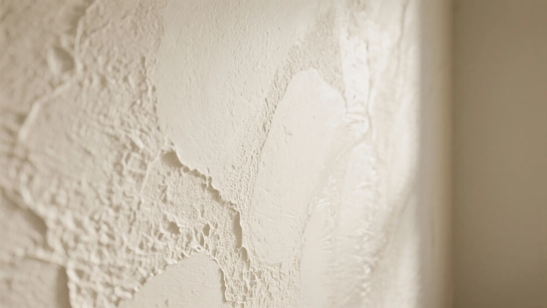 Close up view of white wall panel with rough texture and natural sunlight casting shadows