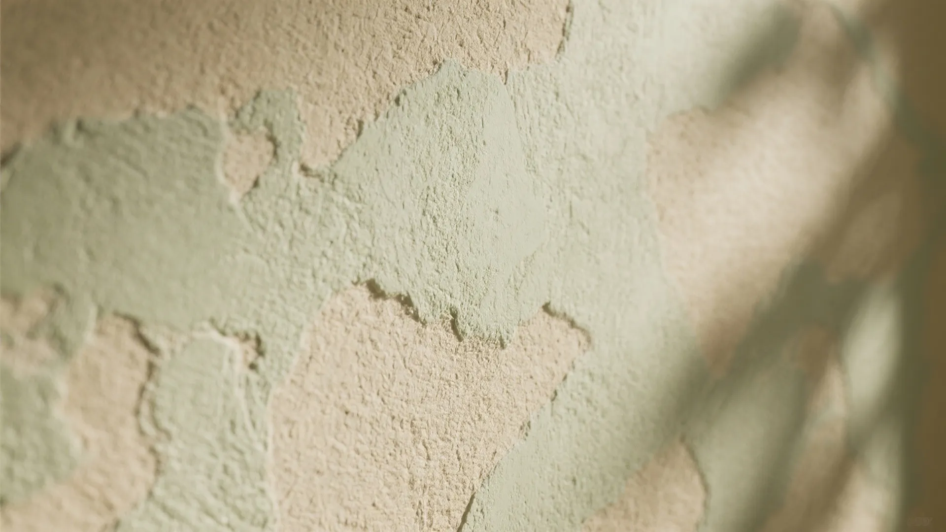 Close up view of textured wall with light green paint and soft shadows from sun