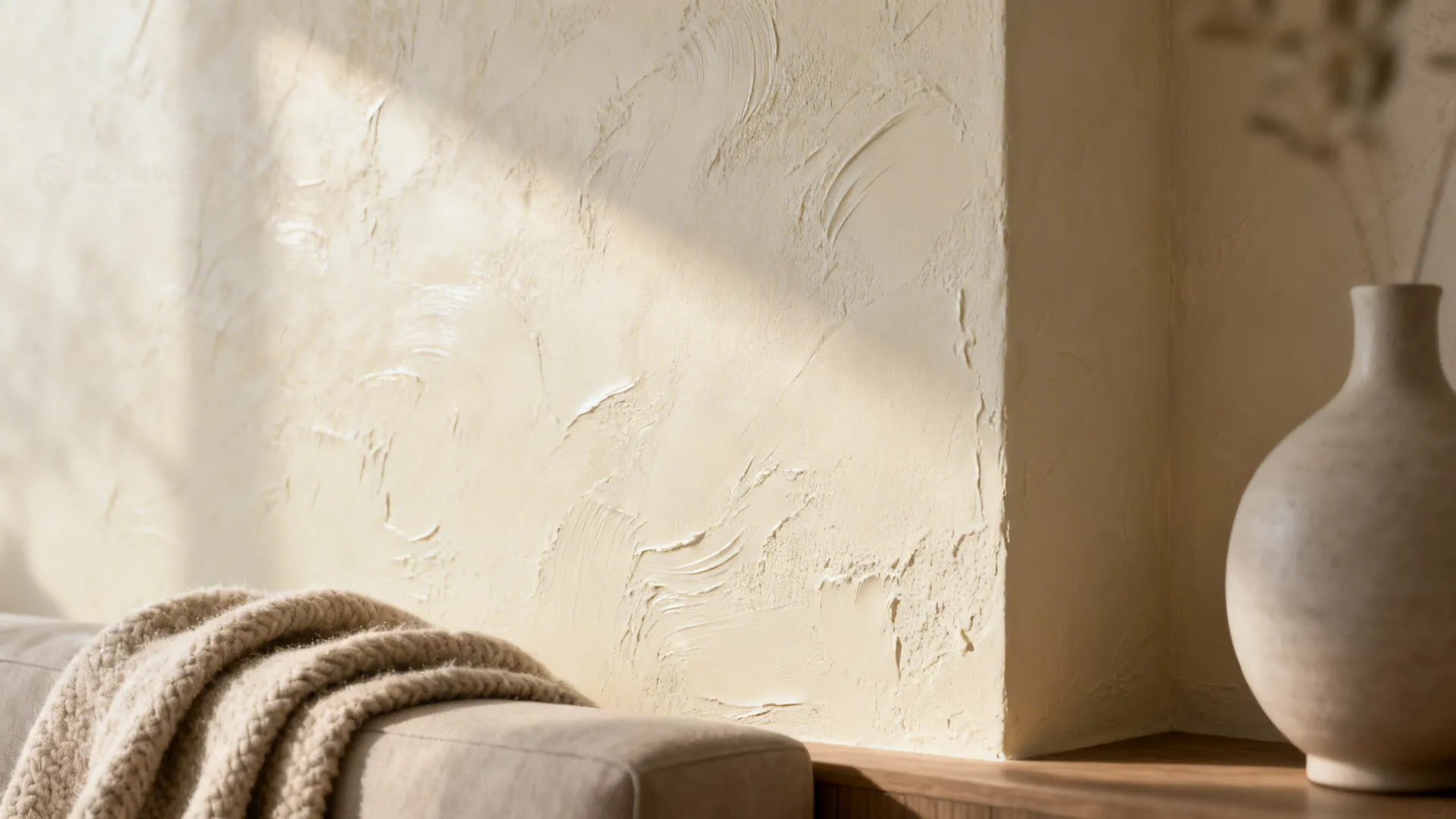 Close-up of Venetian stucco textured plaster wall with soft limewash finish and subtle trowel marks.