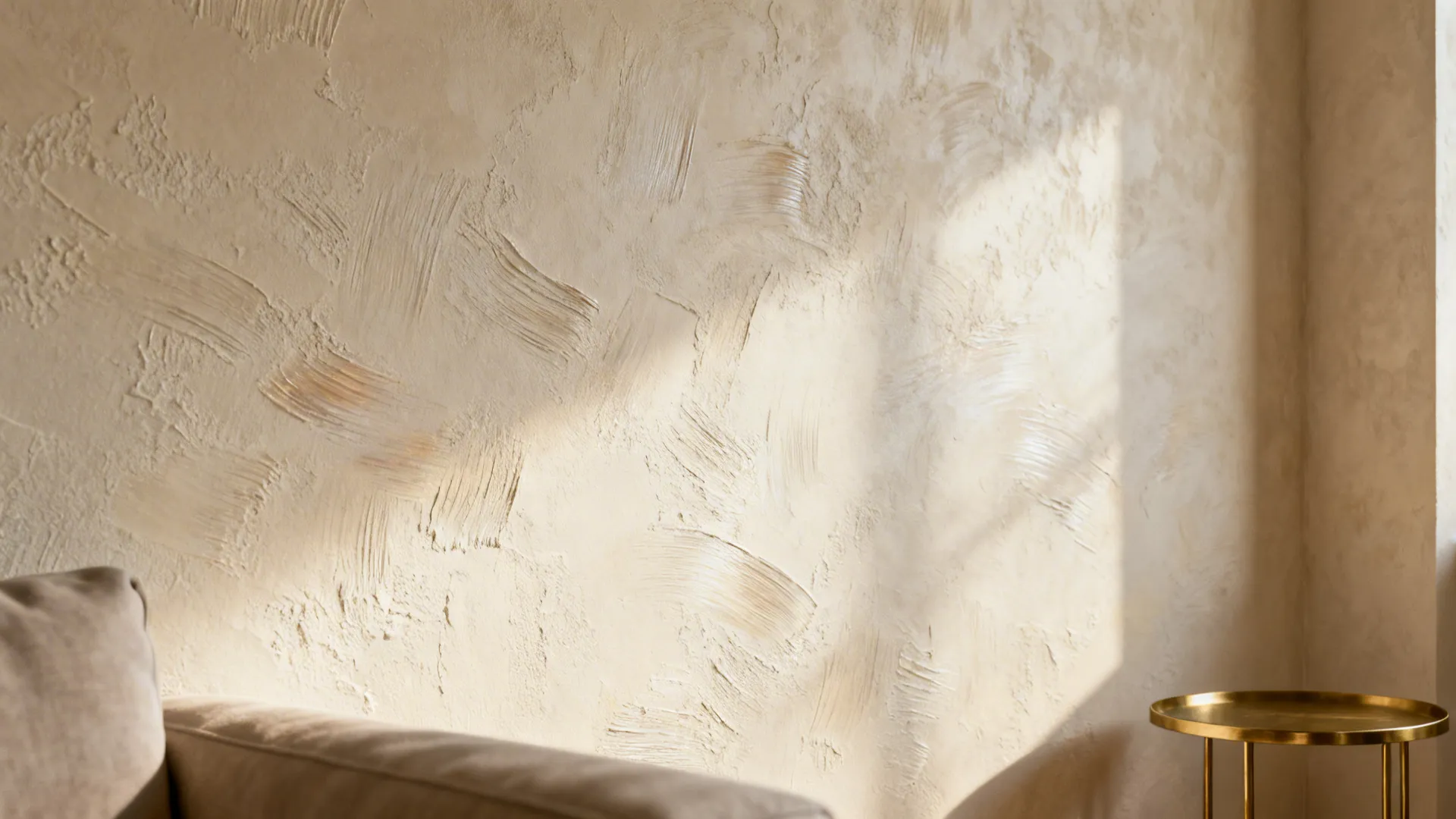 Close-up of Venetian plaster accent wall with visible texture and soft daylight.