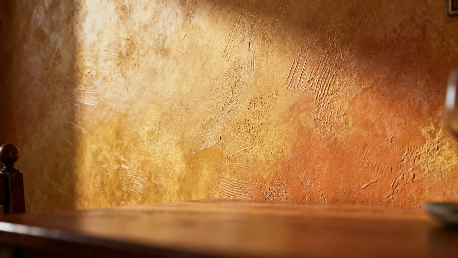 Close-up of warm plaster accent wall with Venetian texture and soft directional light.