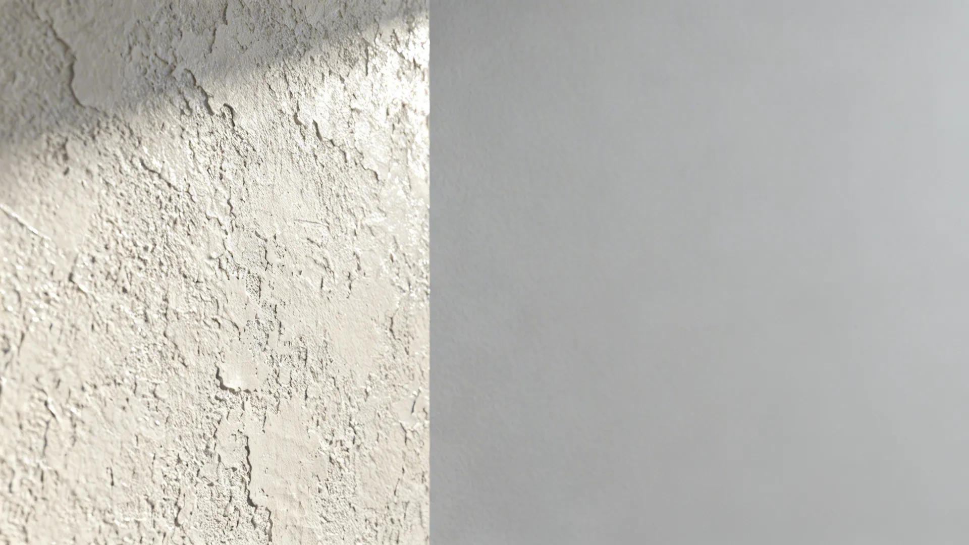 Close-up of Venetian plaster accent wall beside matte pale grey paint showing tactile texture