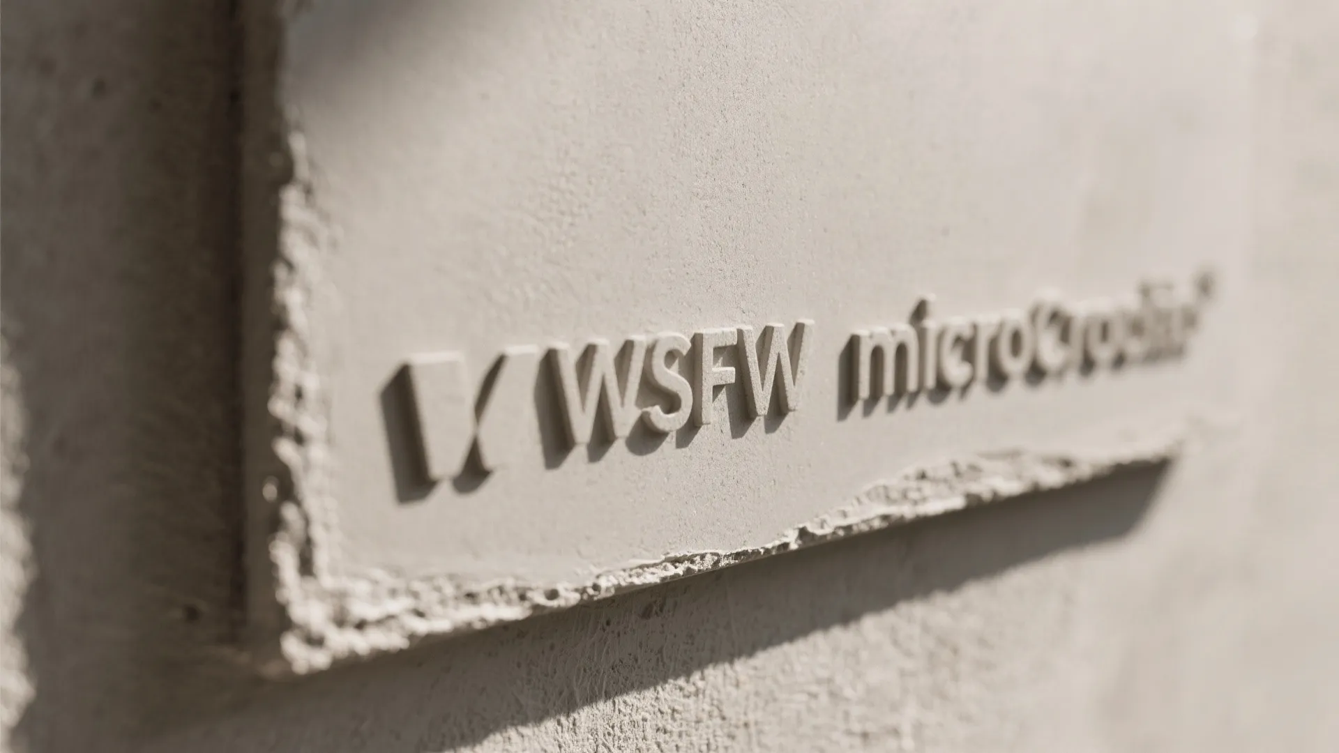 Macro view of matte microcement plaque with soft-grazed light revealing subtle relief.