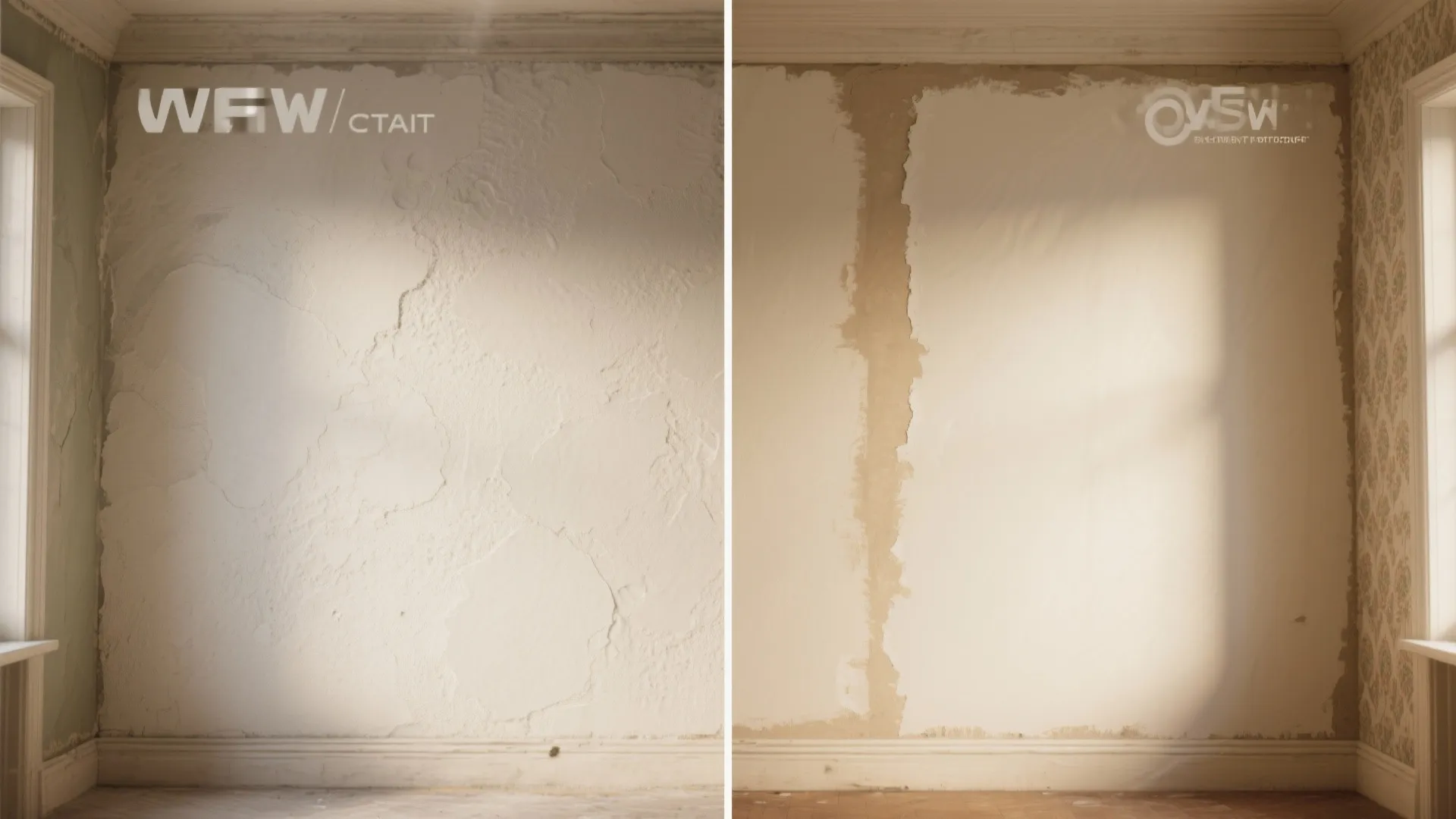 Before-and-after comparison showing a rough damaged wall next to a smooth newly plastered wall surface
