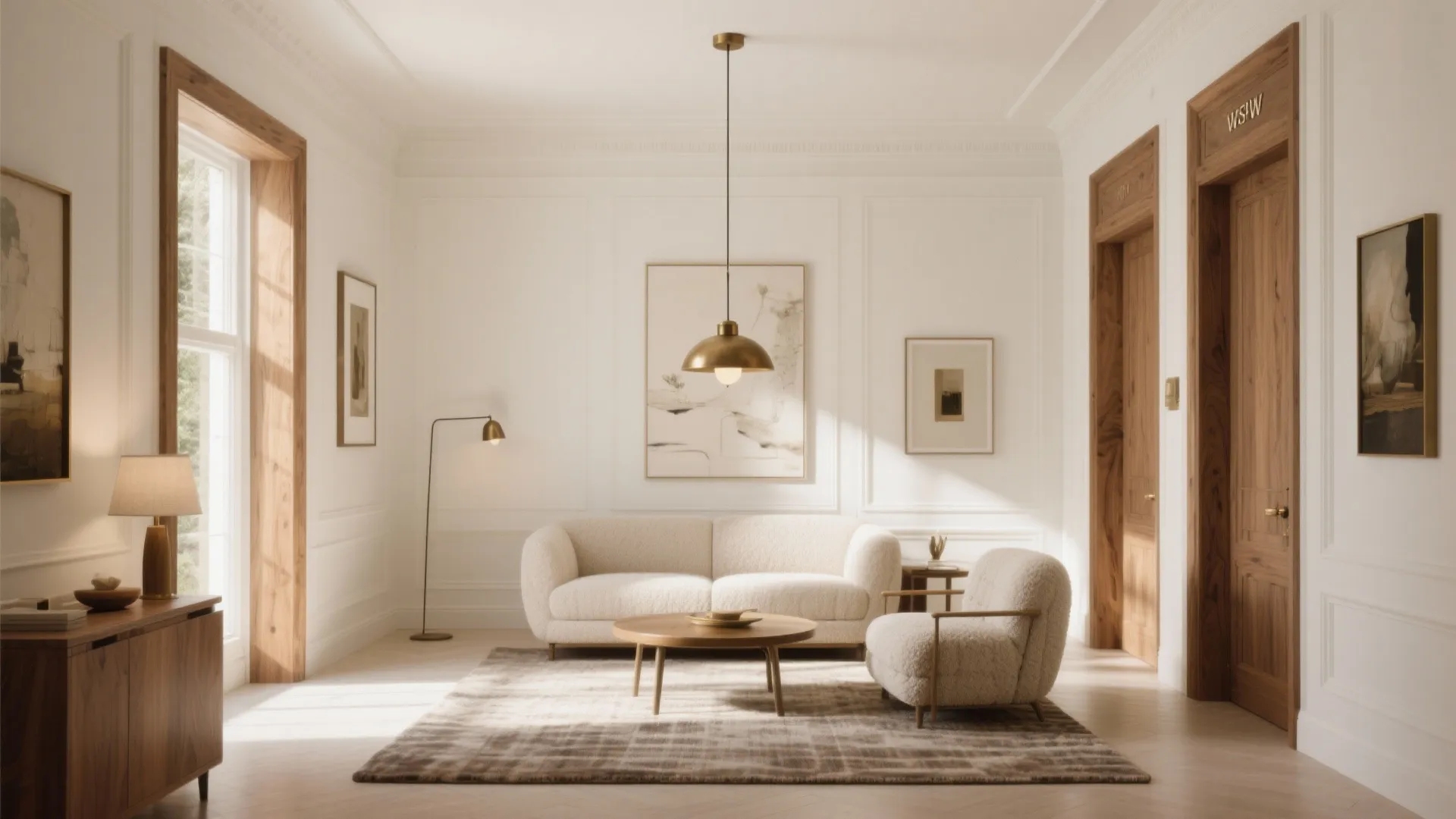 Elegant white living room with cream sofa armchair round wooden coffee table and gold ceiling light
