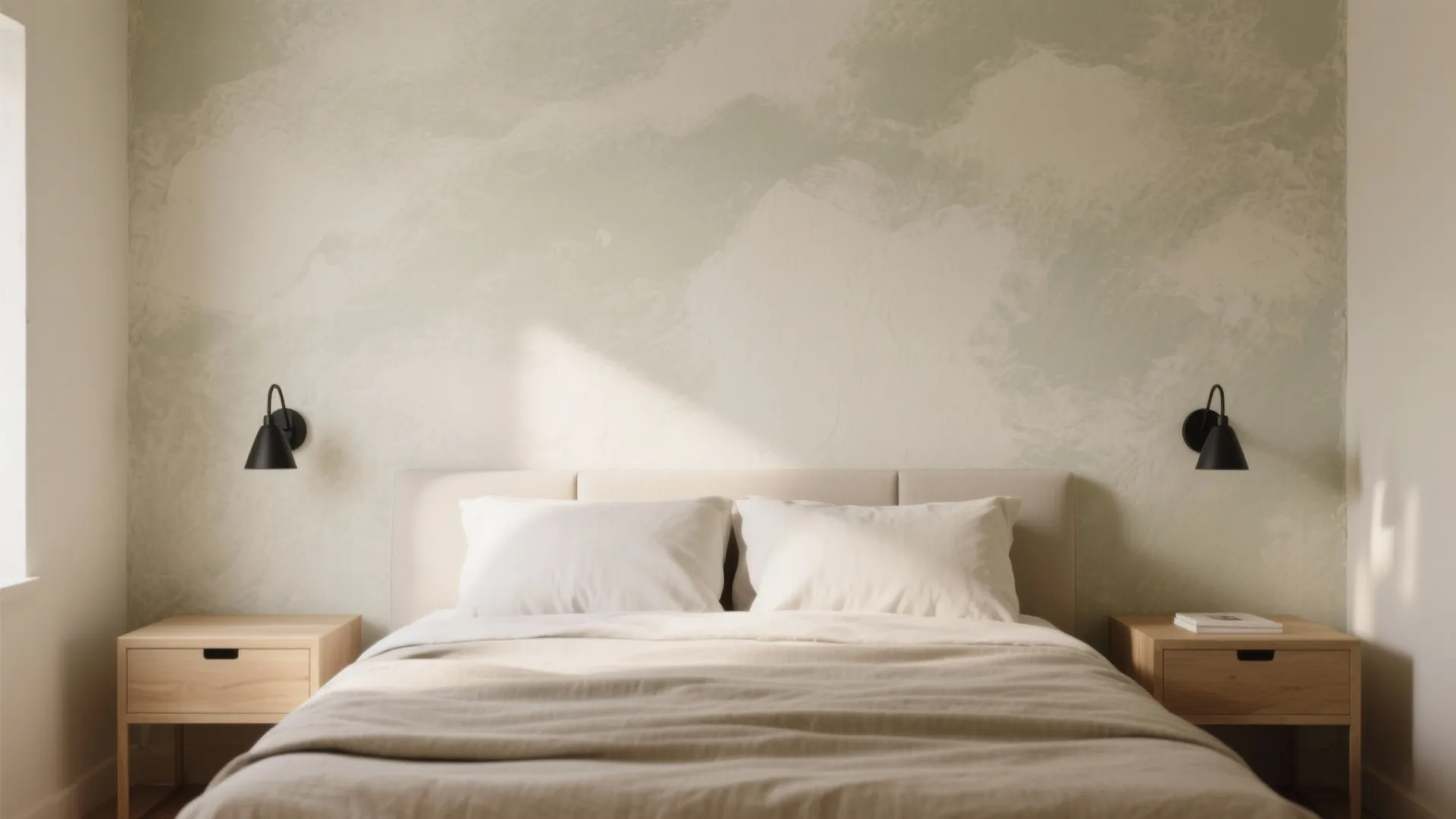 Minimalist bedroom with green textured wall paint two black wall lights and light wood bedside tables