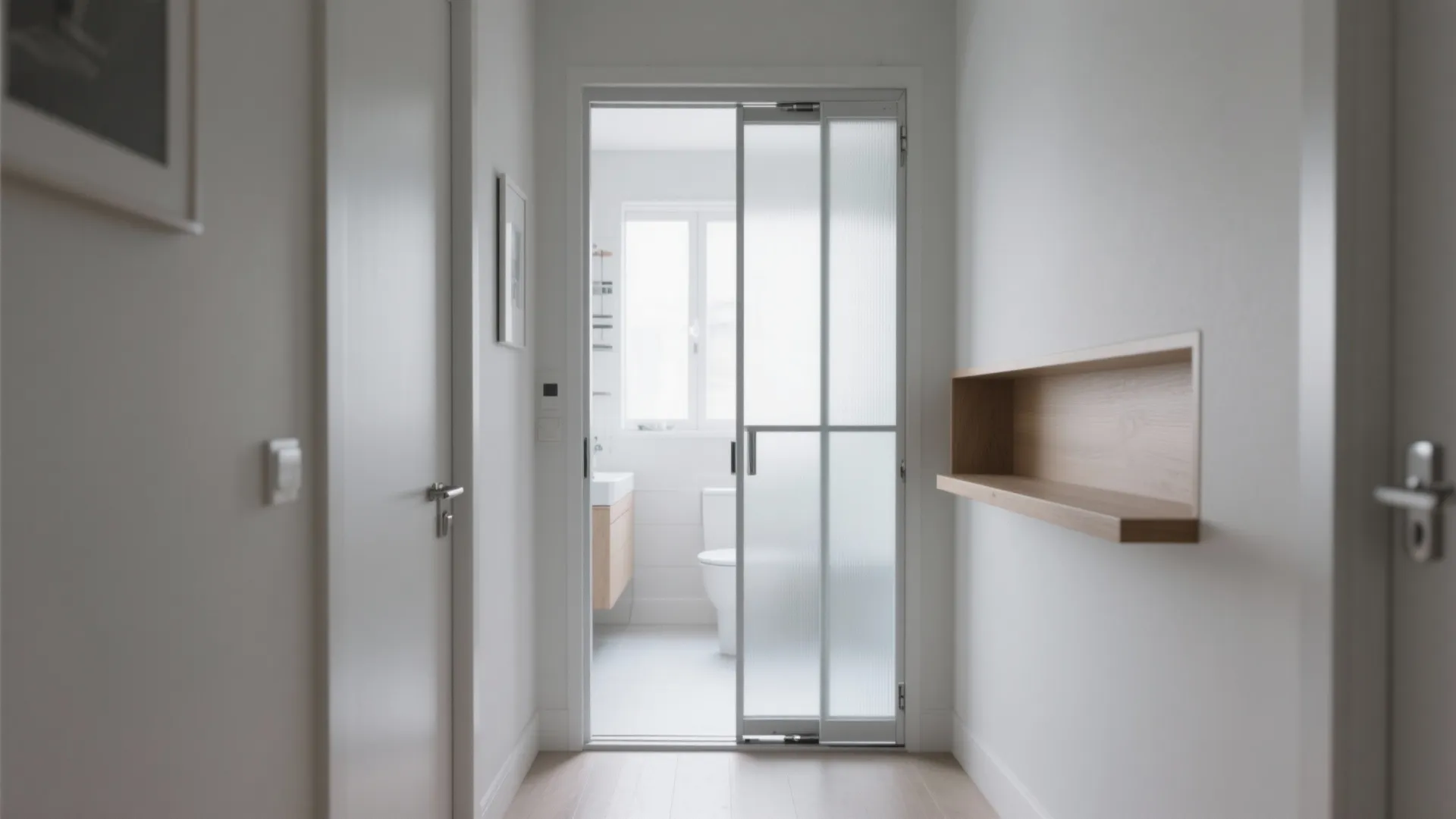 Modern hallway with white walls leading to bathroom through sliding frosted glass door with wooden shelf