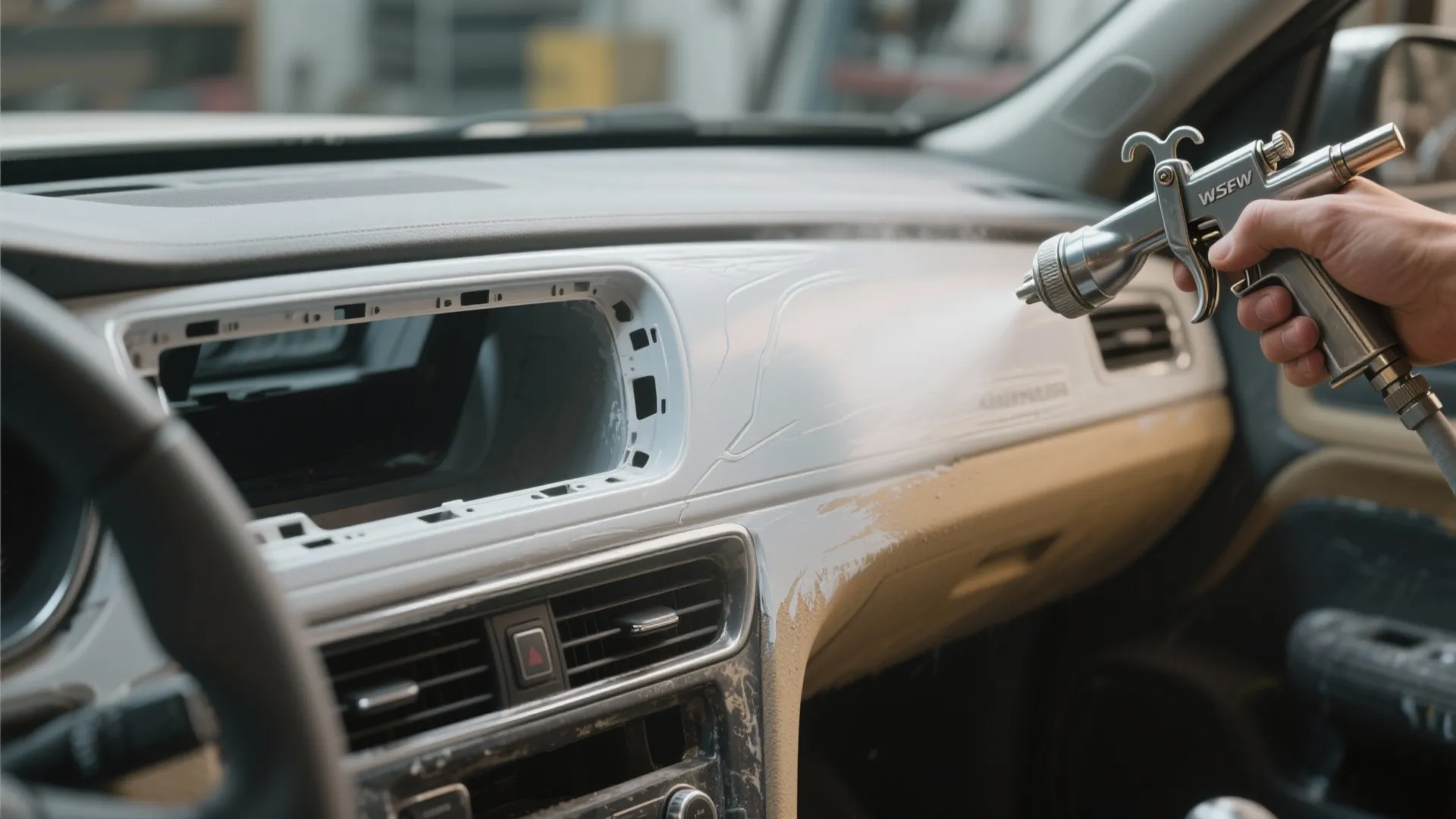Dashboard trim panel being prepped and sprayed with plastic-specific trim paint showing textured grain.
