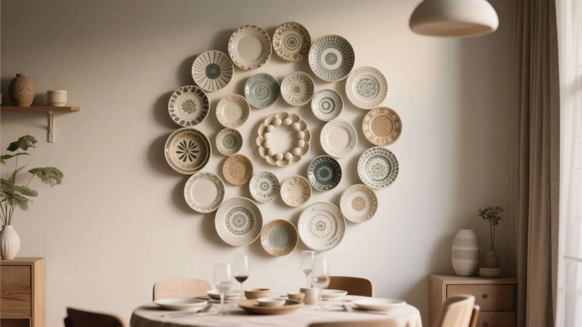 Spiral decorative plate installation on dining room wall