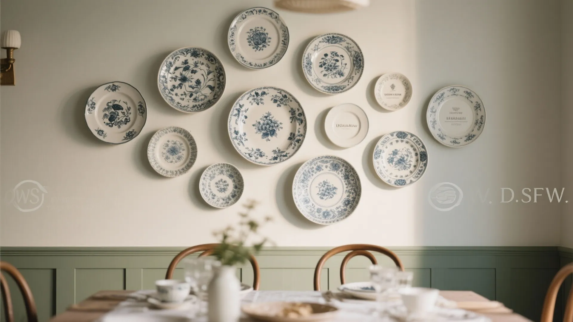 Wall decorated with blue and white plates above green wall panel and wooden dining table
