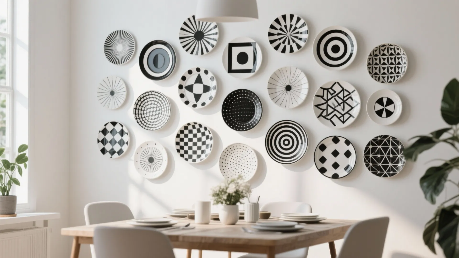 Dining room wall decorated with many black and white patterned plates above a wooden table