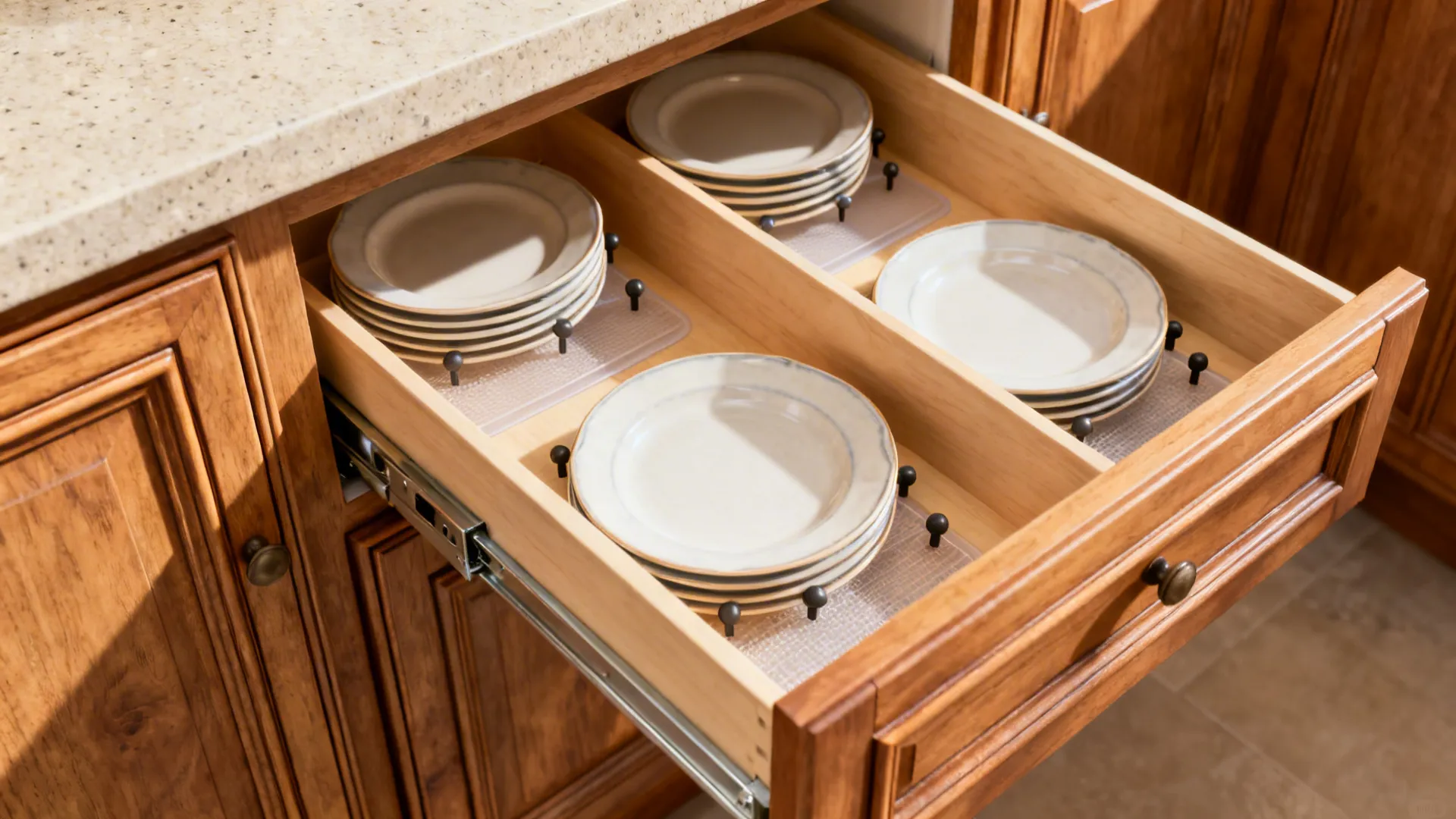 Open base cabinet showing two shallow plate drawers with pegs and silicone liners.