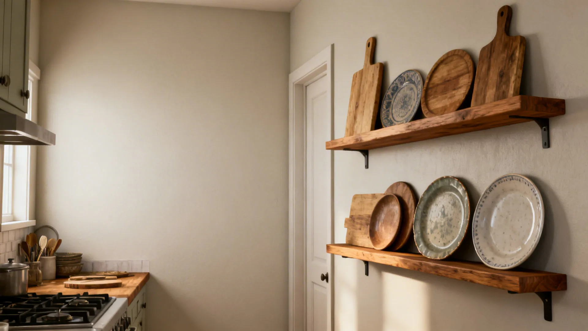 Before-and-after of a kitchen wall transformed with oak plate ledges and curated boards.