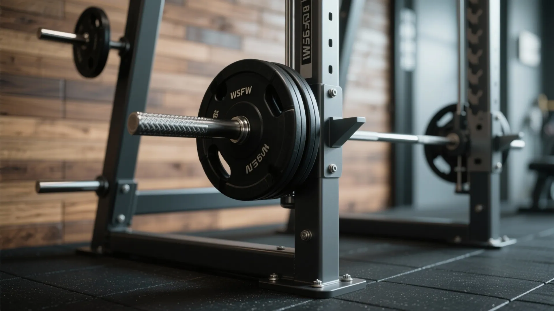 Macro view of a slim plate-loaded machine with rubber-coated plates and powder-coated steel frame.
