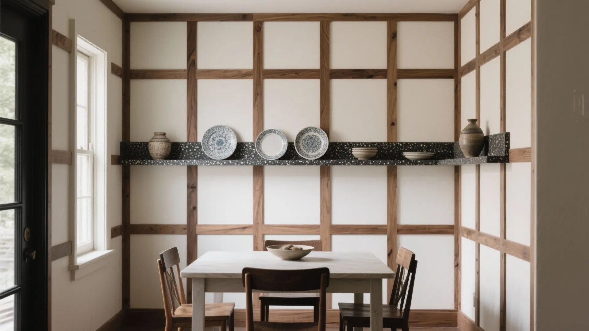 Dining room with white table and chairs featuring wooden wall panels and shelf with plates