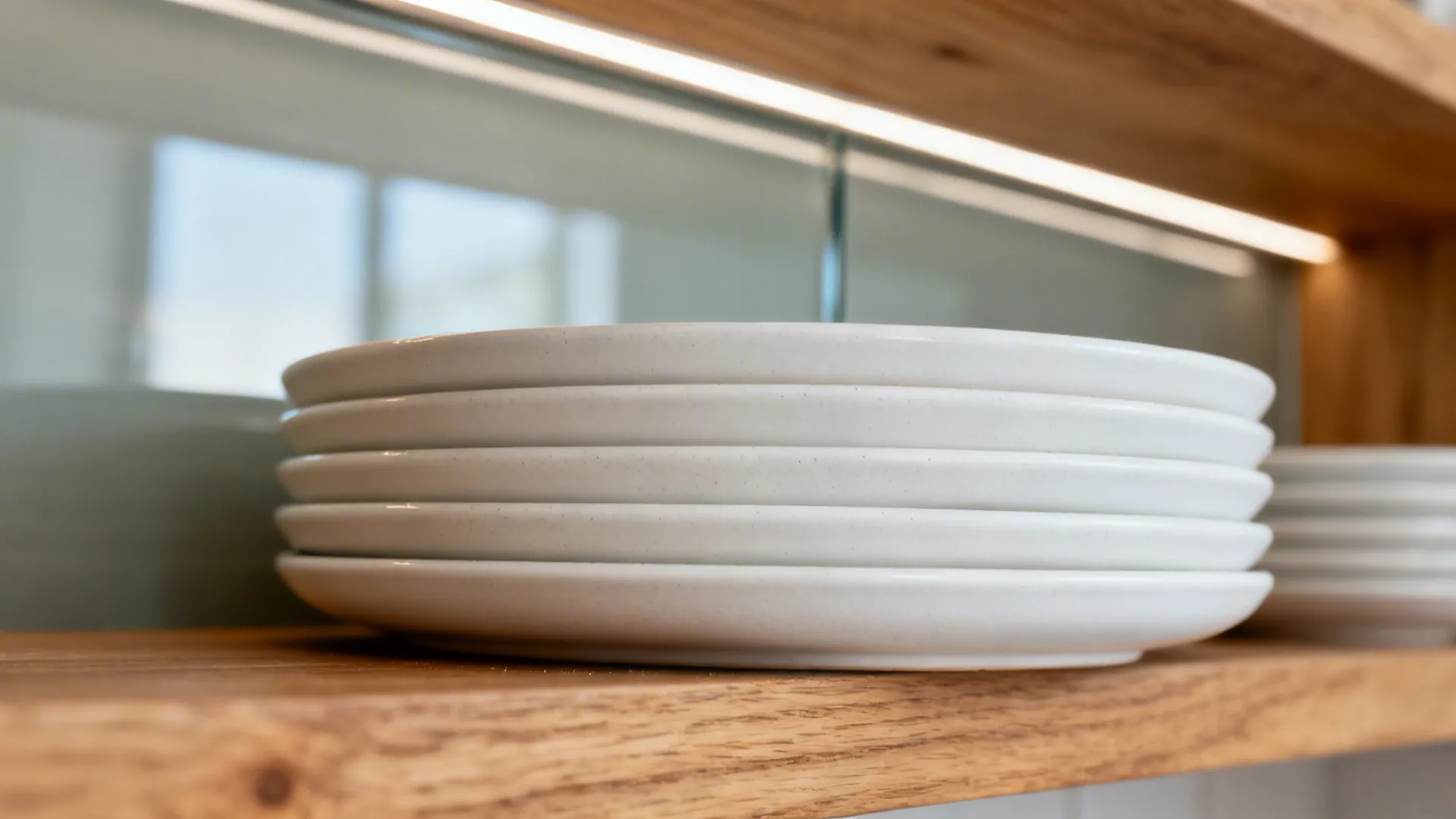 Macro detail of white ceramic plates stacked on an oak shelf with low-iron glass backsplash.