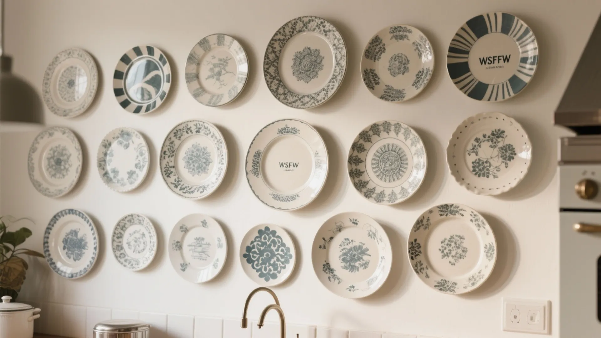 Kitchen wall decorated with vintage and modern plates