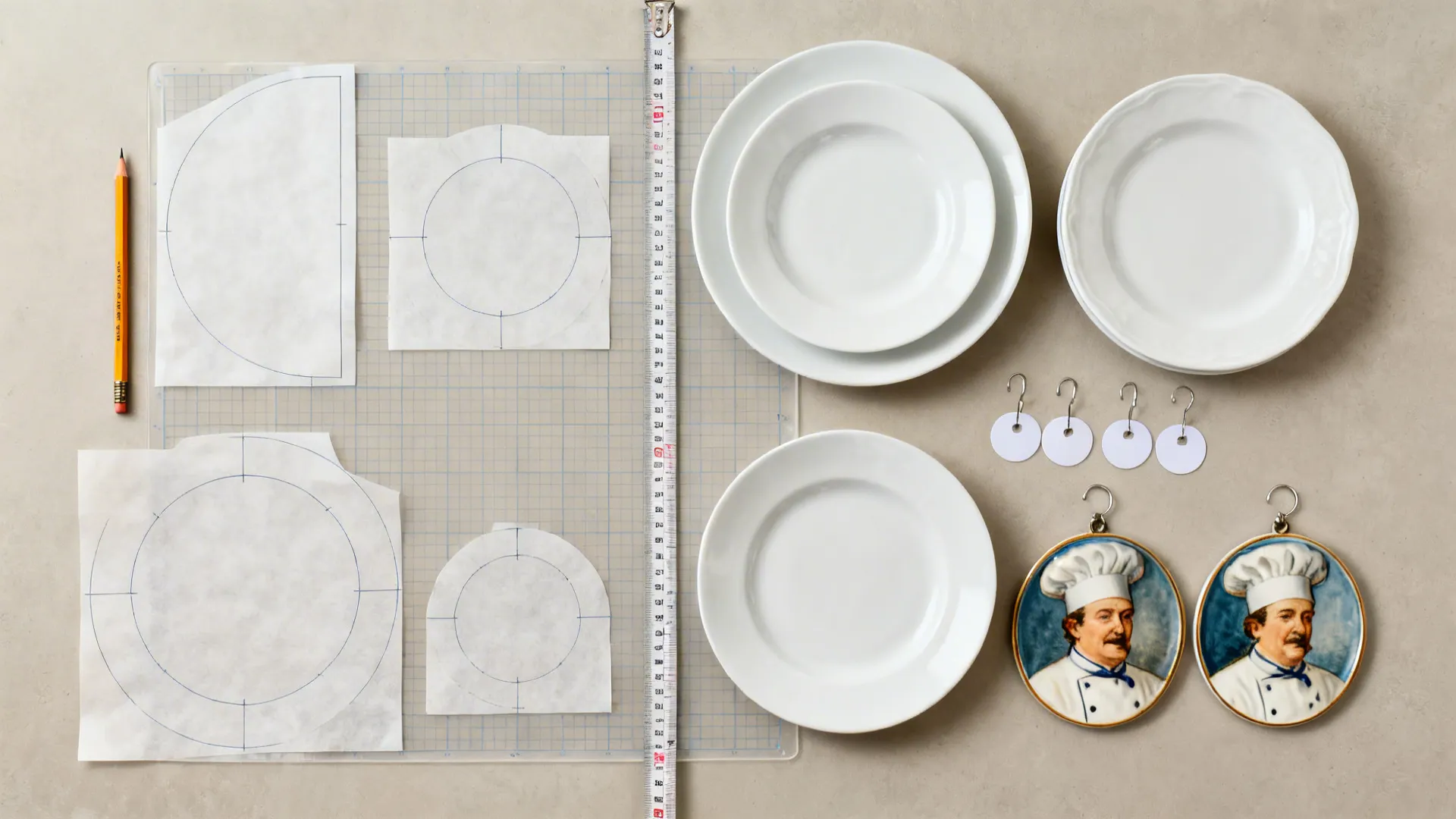Top-down layout with parchment templates, plates, tape measure, and disc hangers for planning a plate wall.