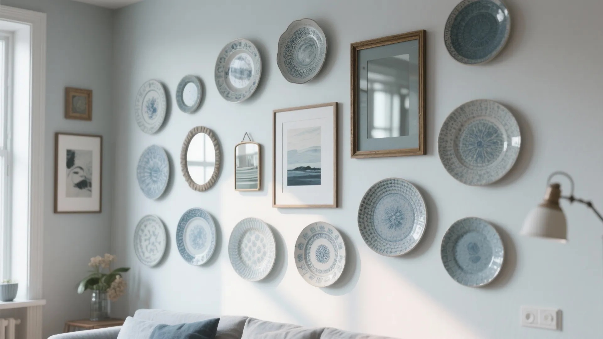 Living room wall decorated with blue patterned plates framed pictures mirrors and a soft sofa