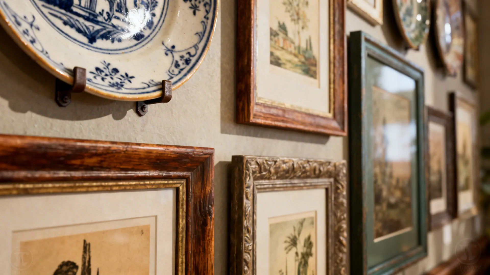 Close-up of decorative plates and framed prints combined on a gallery wall.