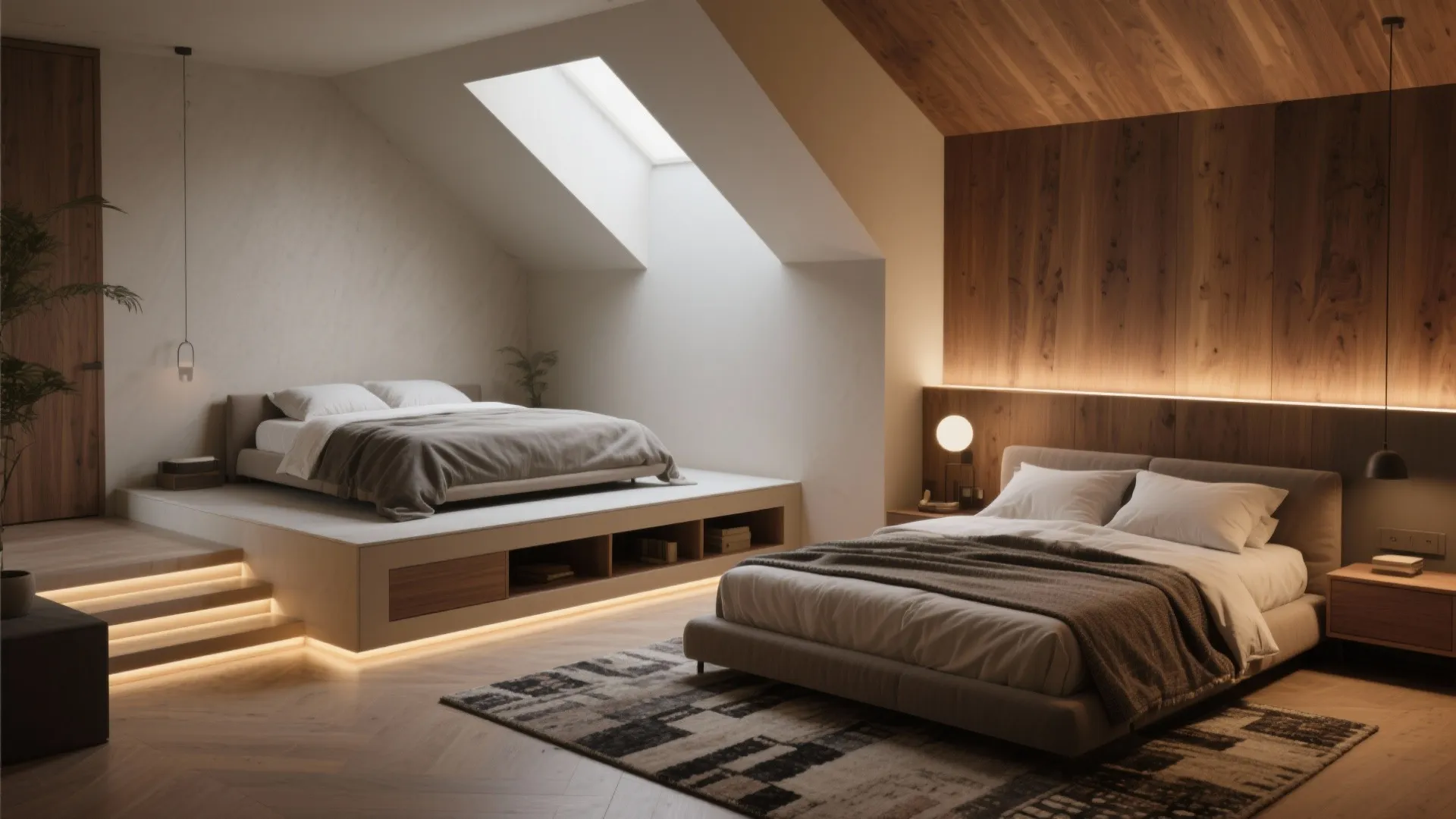 Modern bedroom with two beds on different levels featuring wood wall panels and a skylight