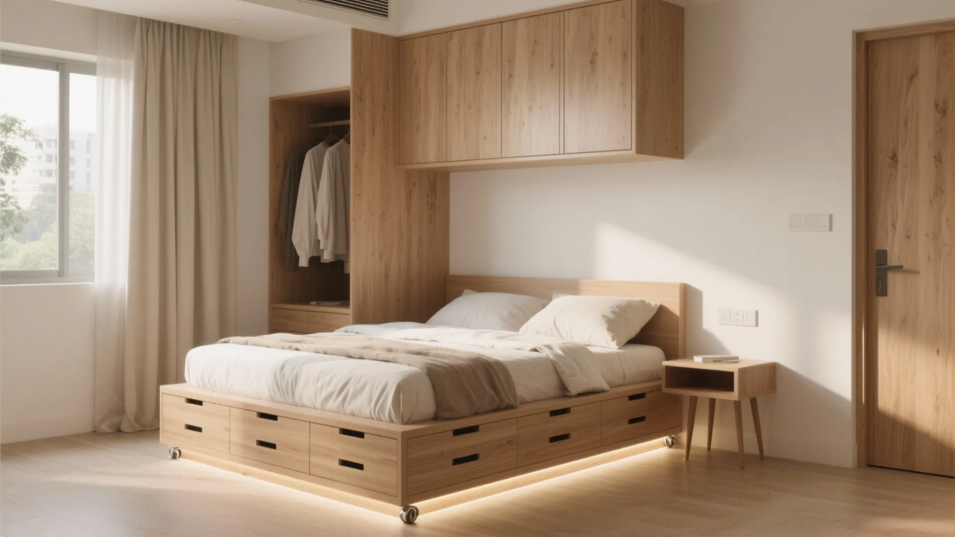 Platform bed with deep storage and a calm palette