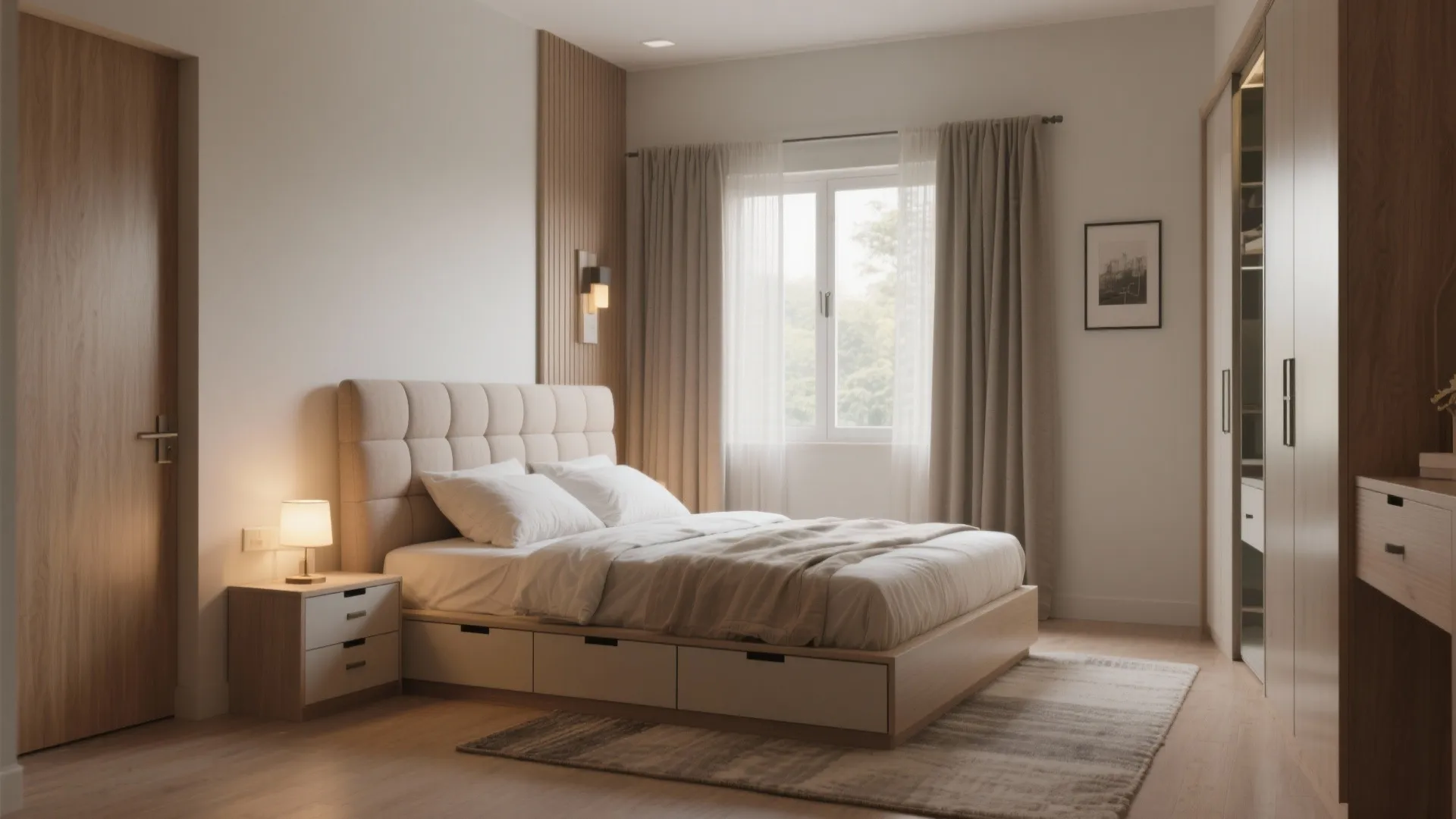 Quiet bedroom with a platform bed and acoustic curtains