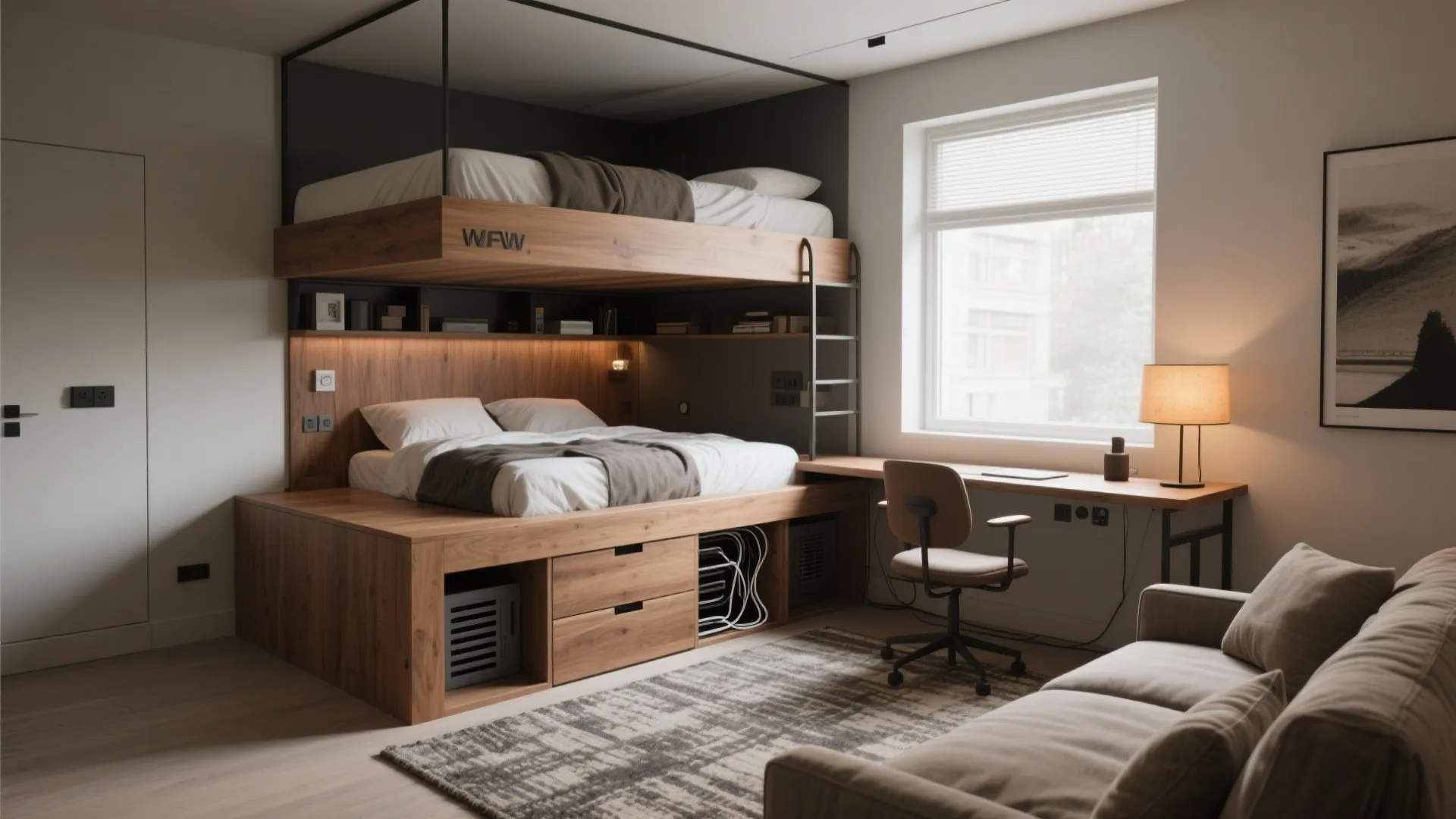 Space-saving bedroom with wooden bunk beds next to a long desk and a light sofa