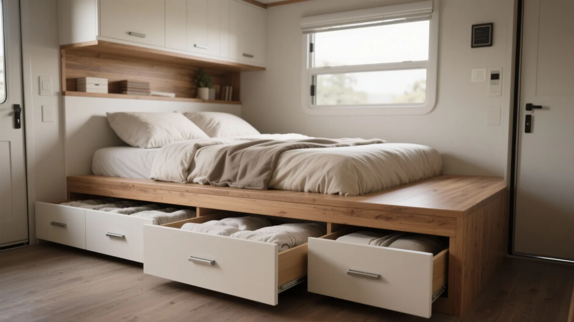 Wooden bed frame with open storage drawers containing folded clothes under a bright window view