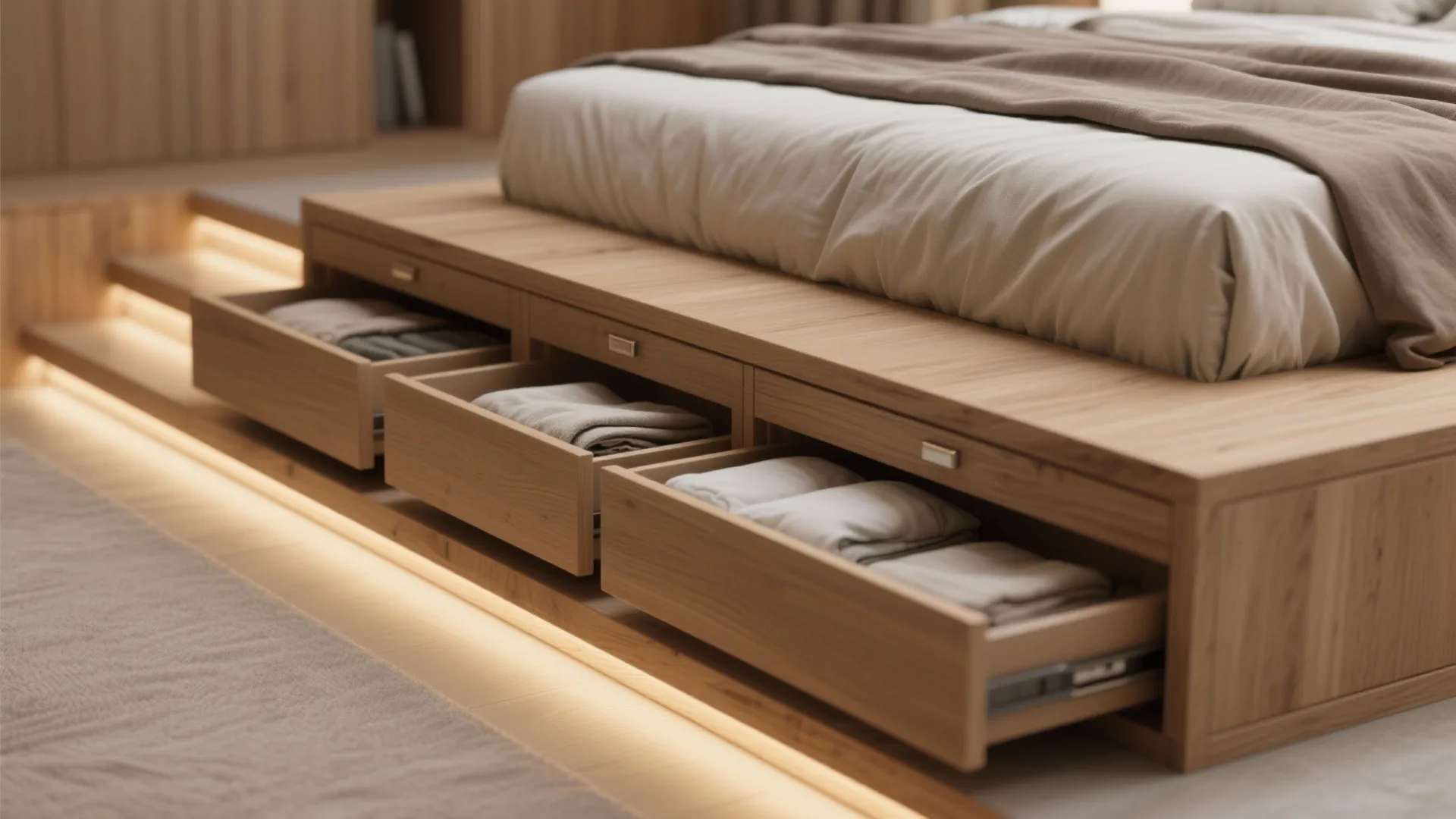 3. Elevated Platform Bed with Hidden Drawers
