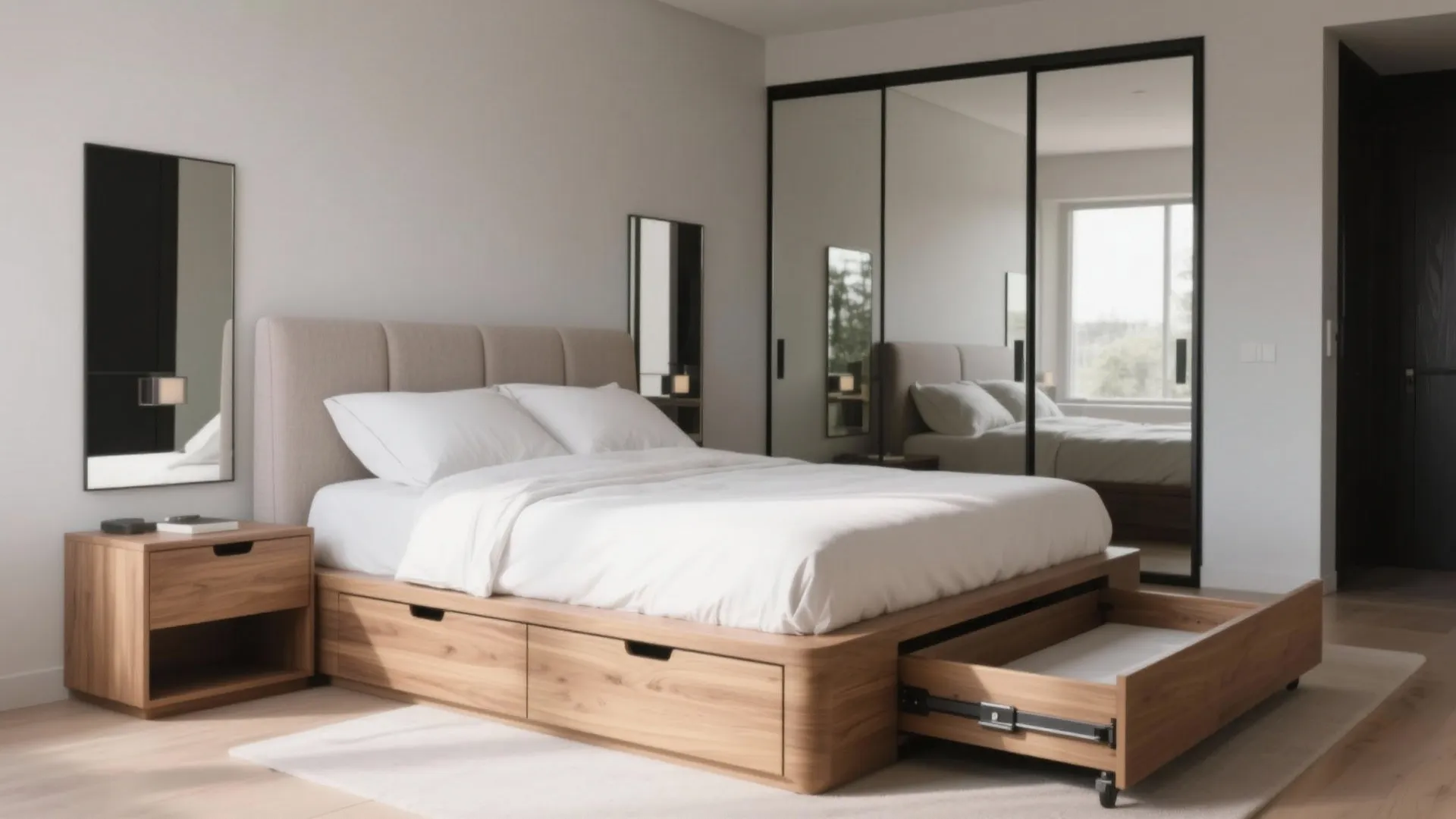 Platform bed with drawers and a sliding wardrobe