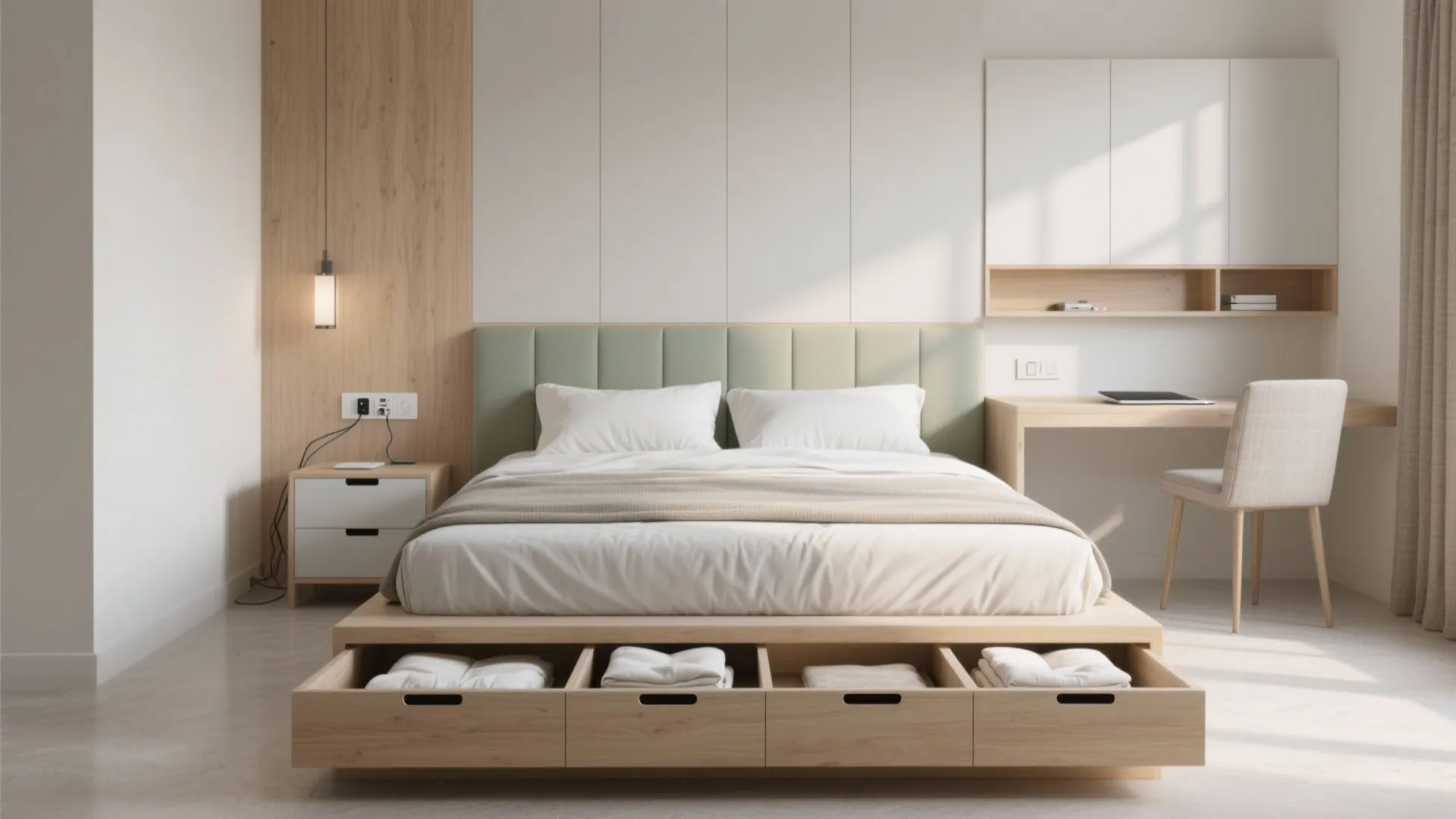 Platform Bed with Deep Drawers and a Calm Work Nook
