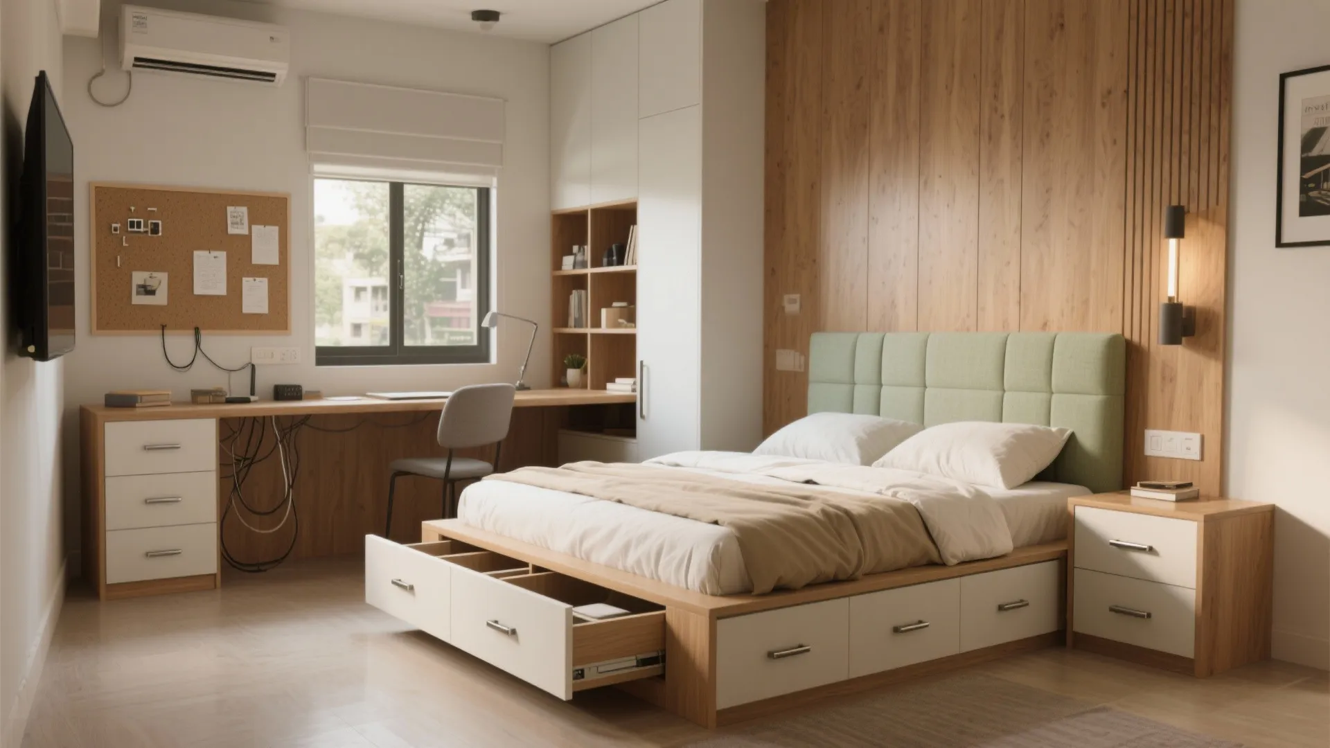 Platform Bed with Hidden Drawers and Fold-Down Workstation