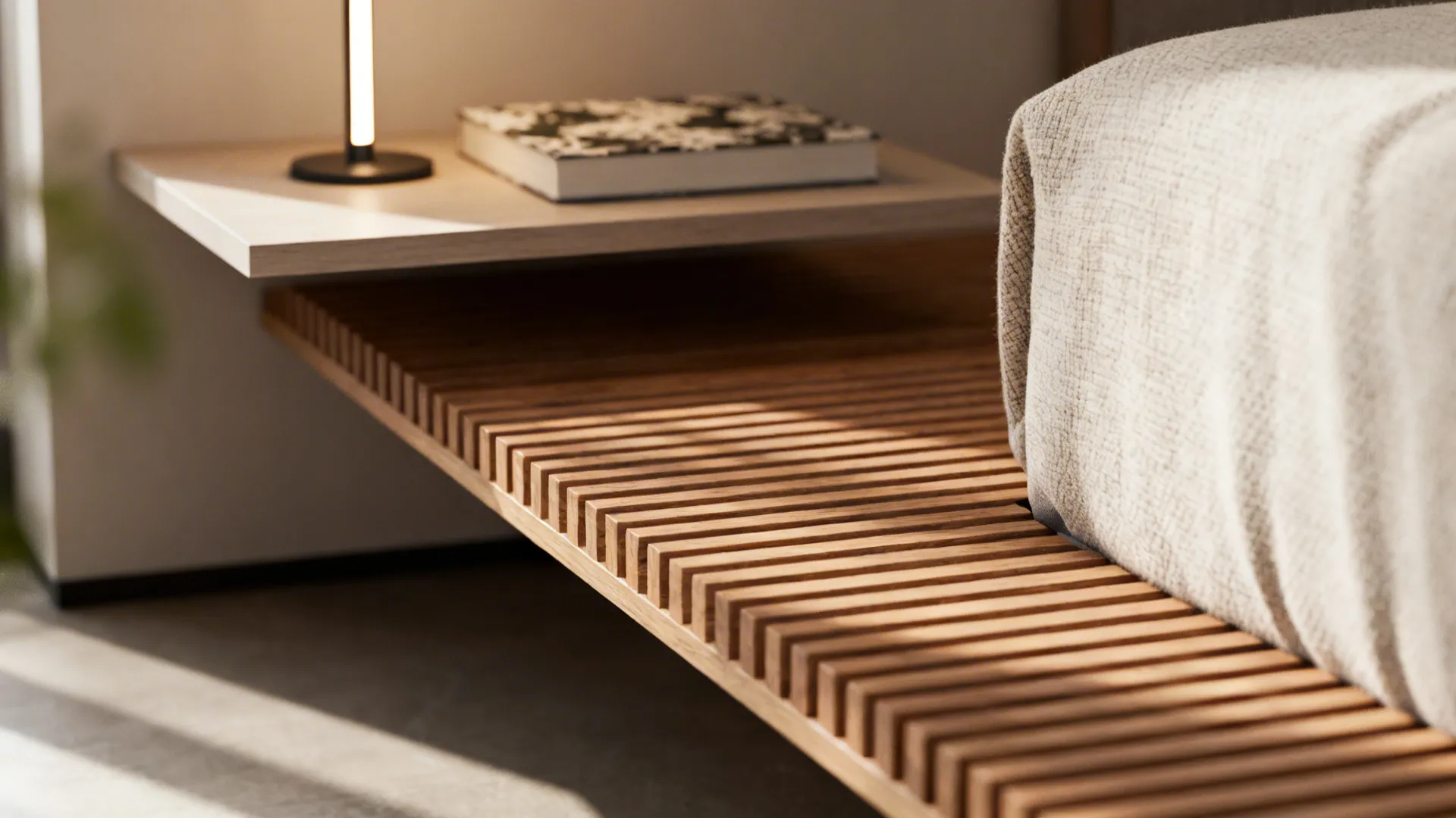 Close-up of a slim platform bed and floating nightstand highlighting wood grain and fabric textures