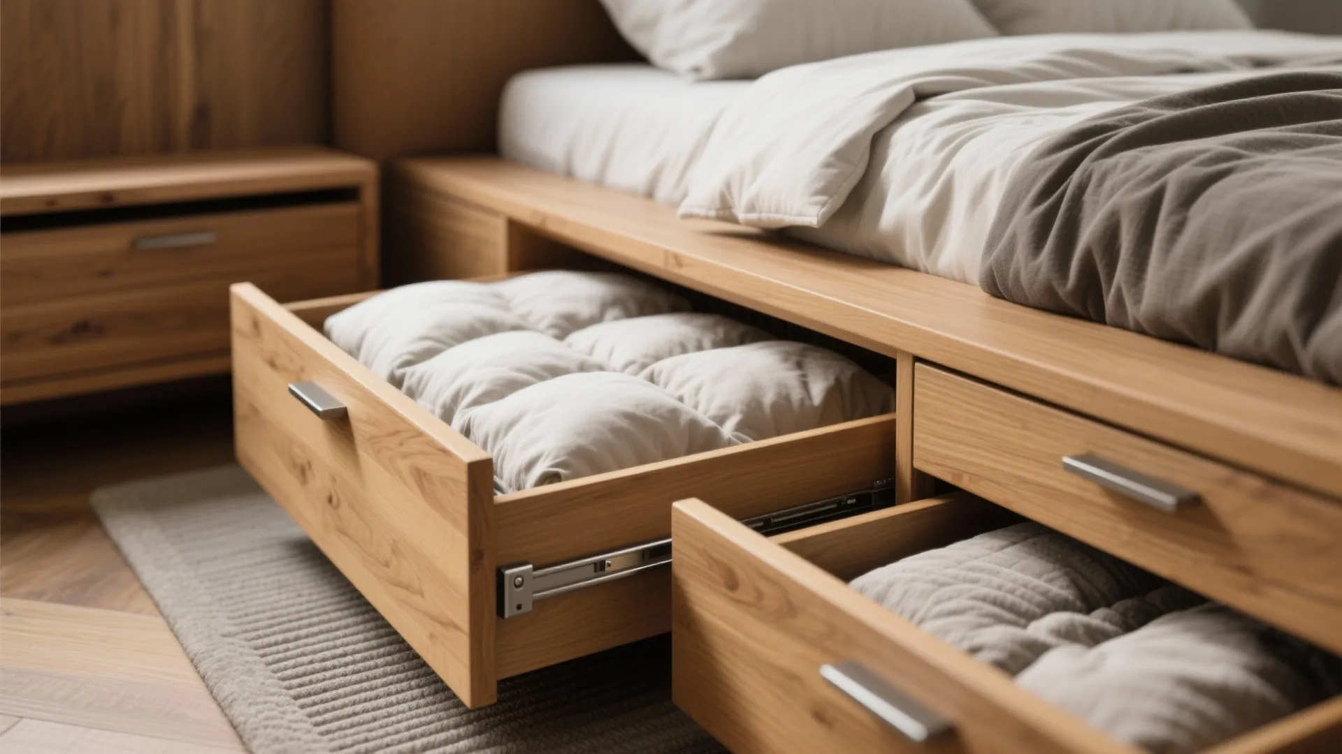 Modern wooden platform bed with several open storage drawers holding white pillows in minimalist bedroom
