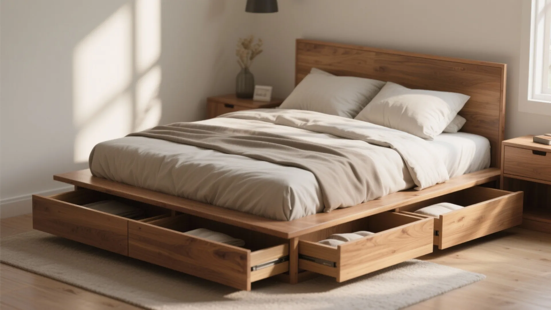 Modern wood bed frame with open storage drawers underneath showing white pillows and beige blanket