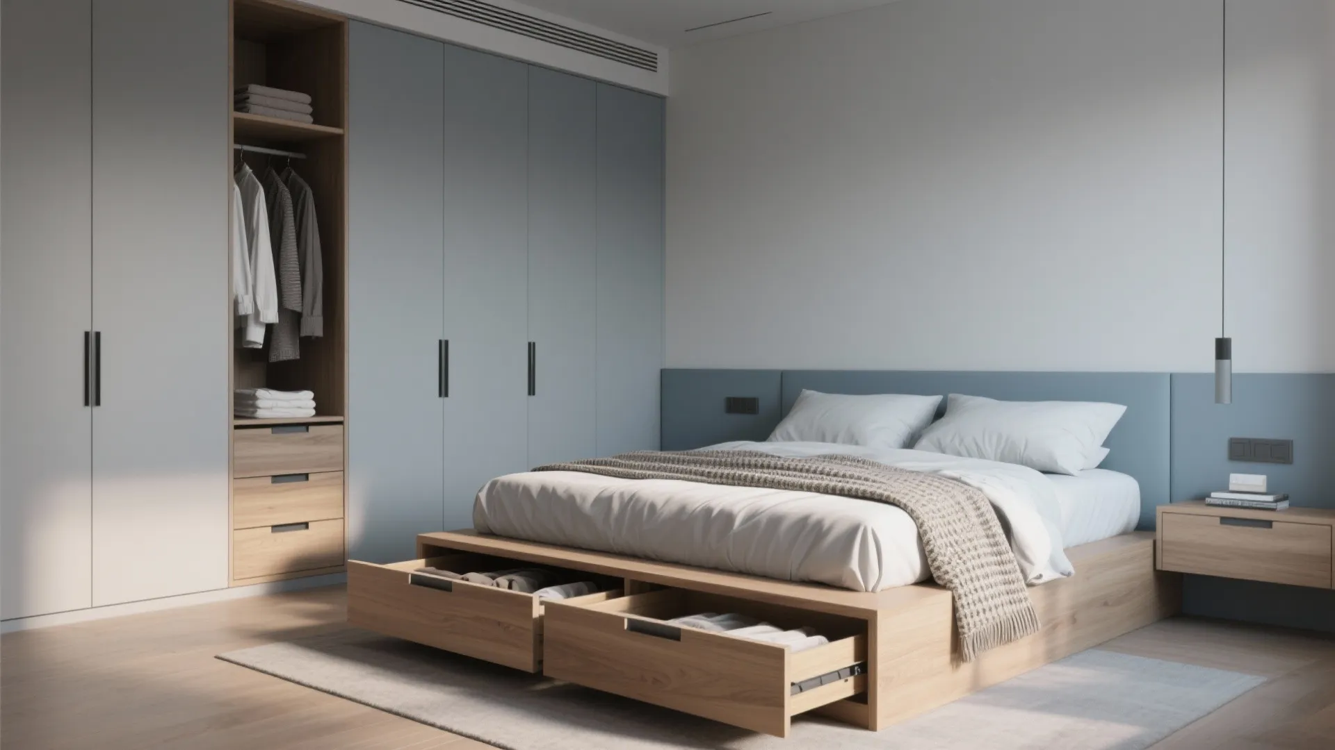 2. Platform bed with drawers — keep clothes out of sight