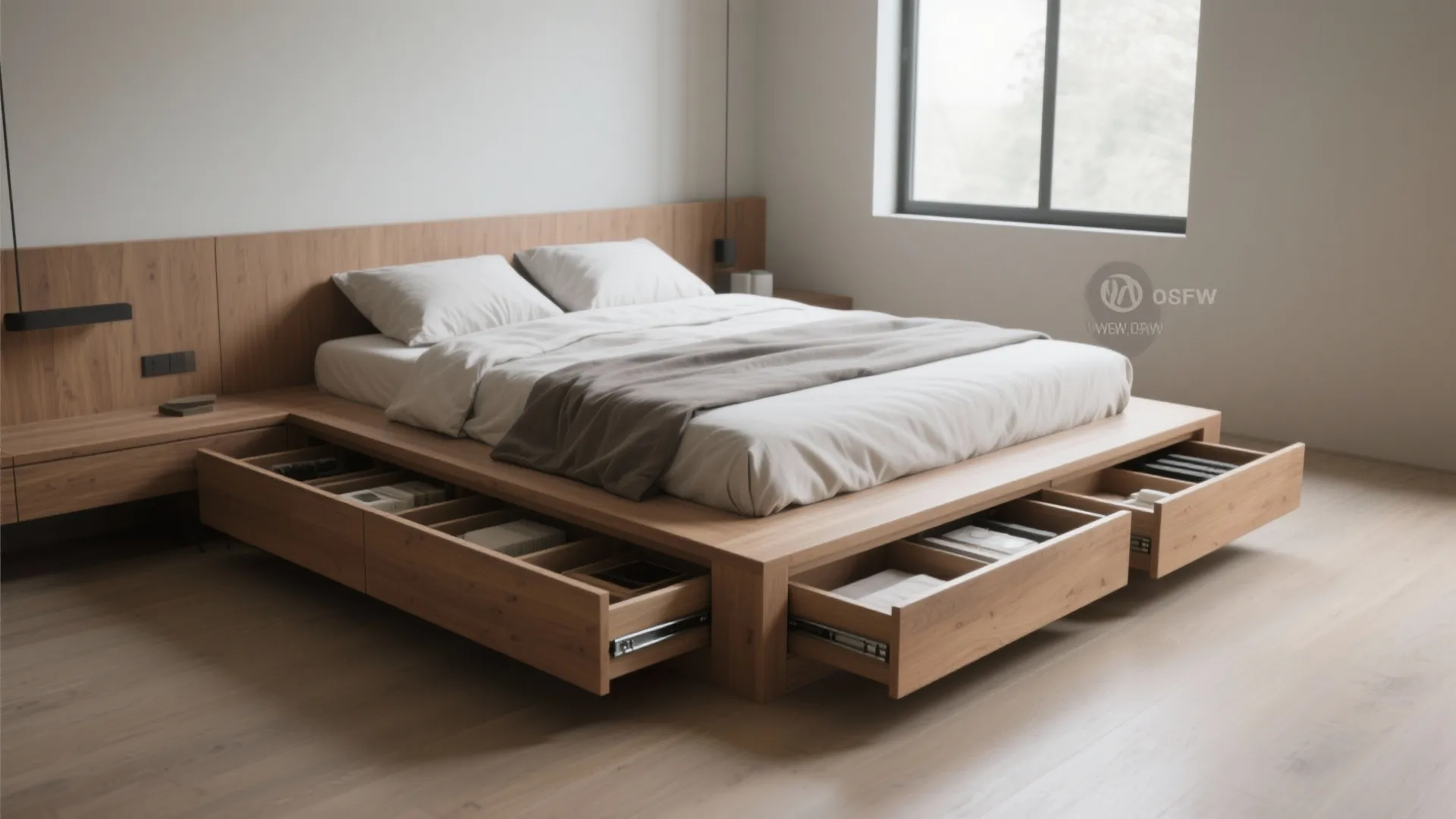 Low platform bed with integrated deep drawers and clean modern lines for compact bedrooms.