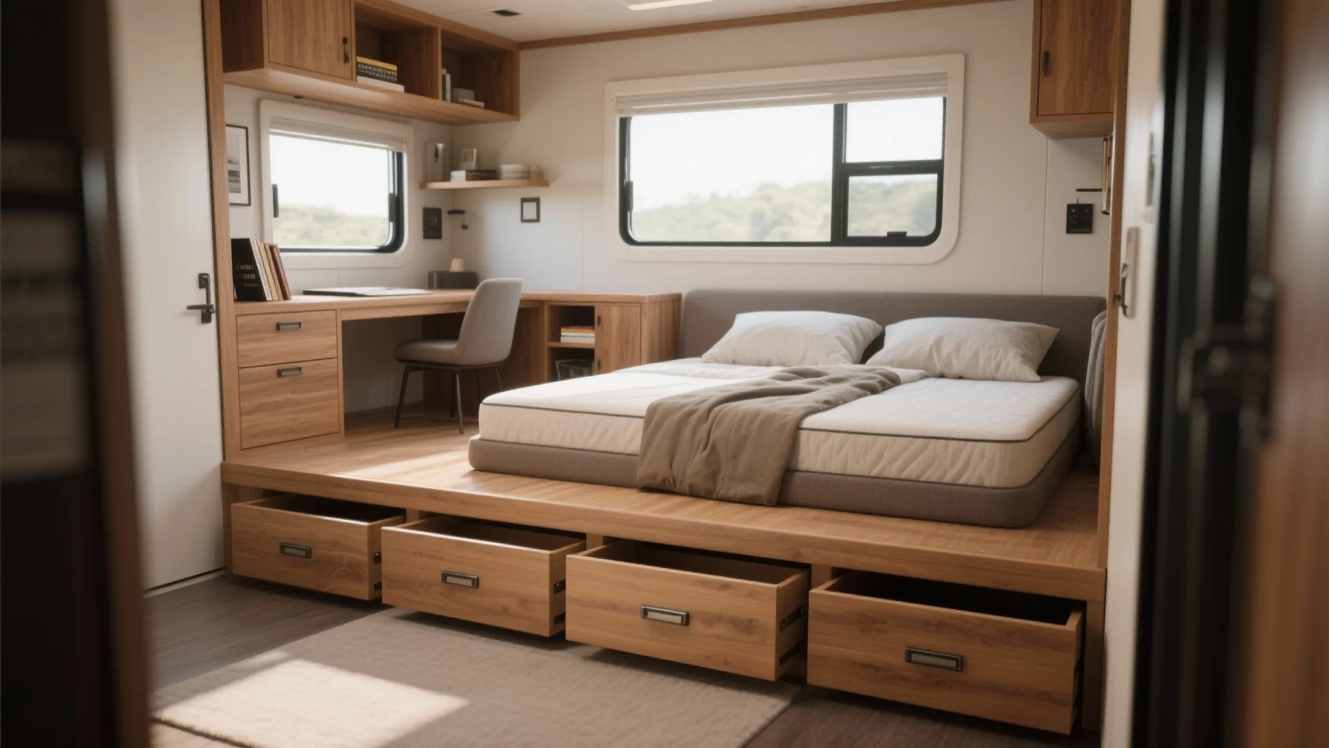 Platform bed with open wooden storage drawers and a small desk in a tiny bedroom