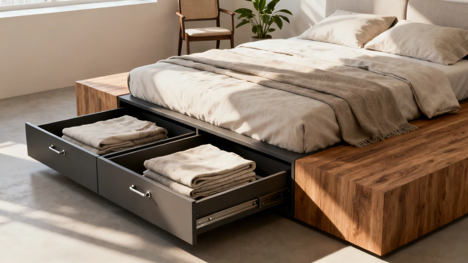 Low platform bed with deep storage drawers open showing linens in a small bedroom