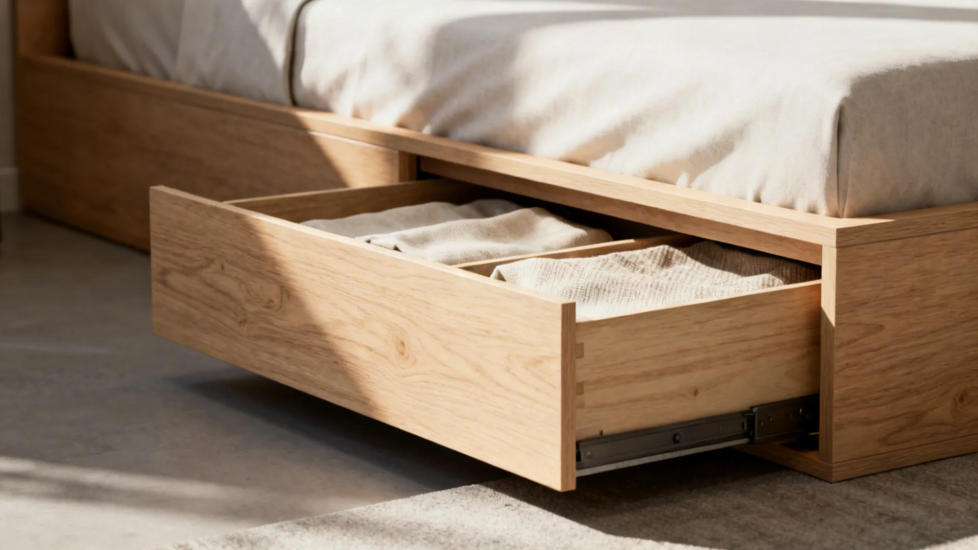 Close-up of platform bed with built-in drawers storing linens on a small bedroom floor