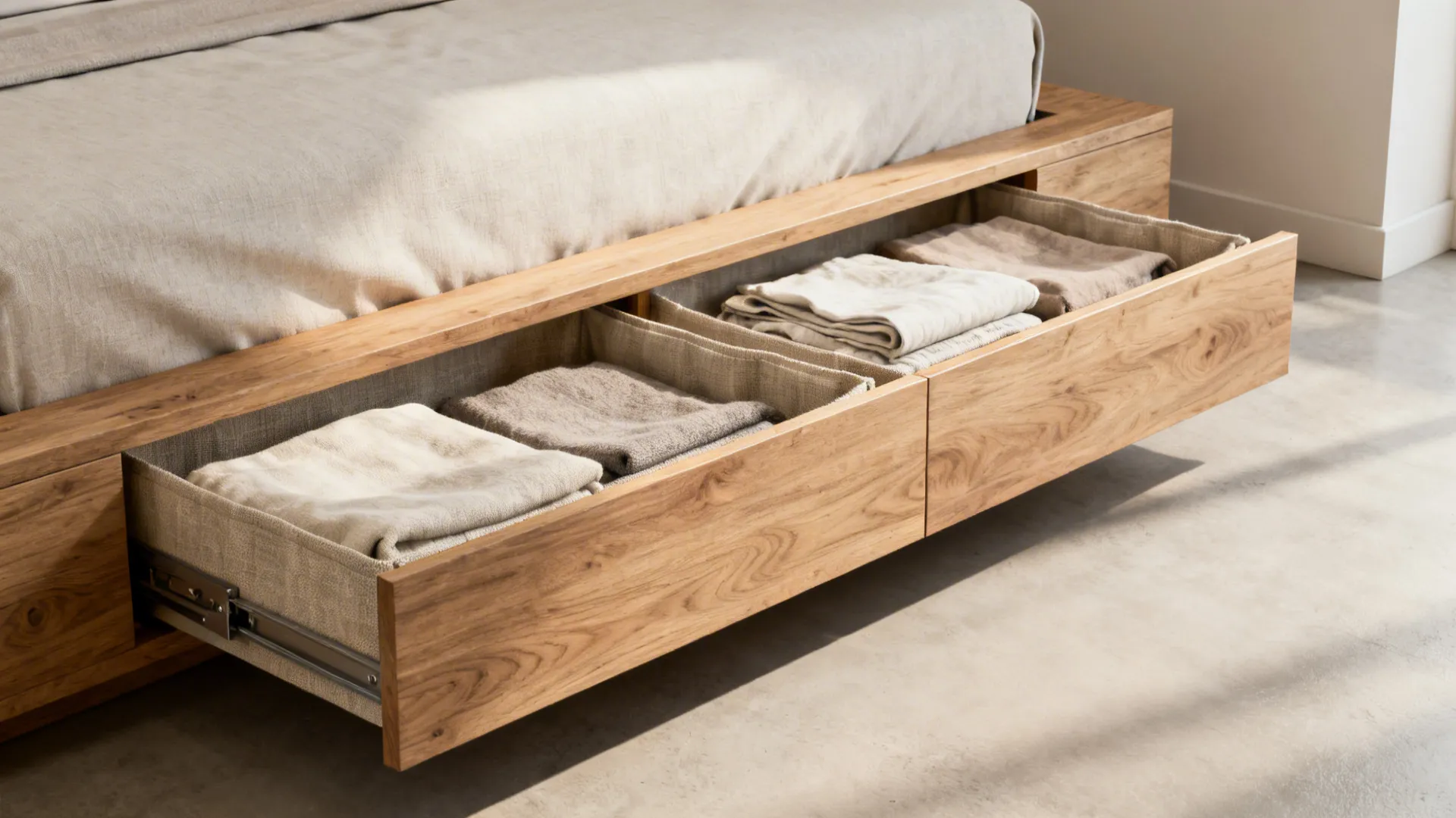 Platform double bed with full-width under-storage drawers open, showing organized linens.