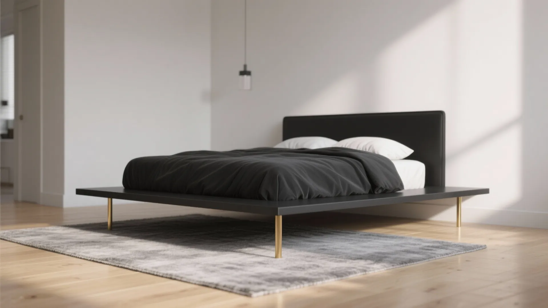 Black platform bed with slim gold legs floating above a neutral rug in a small bedroom
